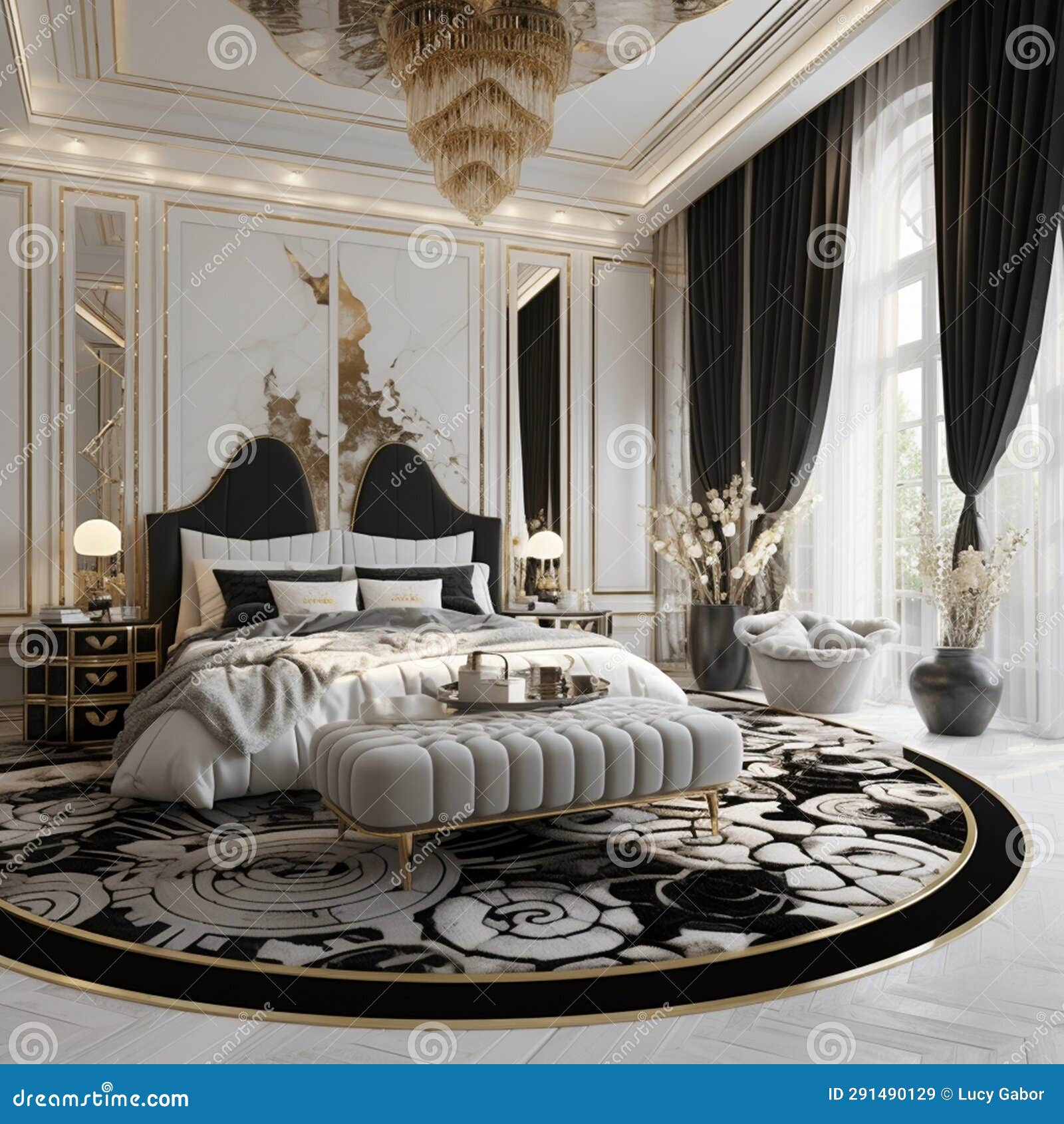 Stylish Luxury Black, Gold and White Bedroom Stock Illustration