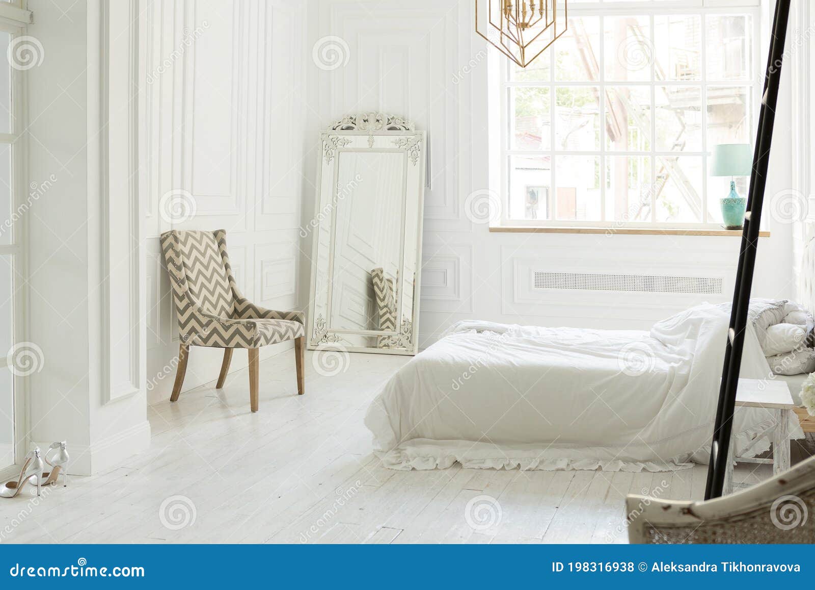 Luxury White Bedroom Interior Design In Soft Day Light With Elegant Classic Furniture Stock Photo Image Of Stylish Daylight 198316938