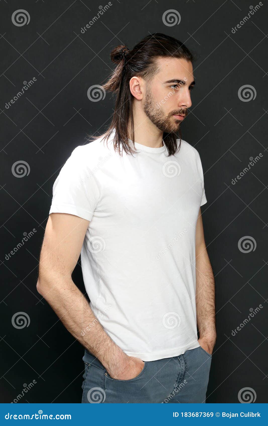 Stylish Male Model with Long Hair and Beard Posing in Studio. Modeling,  Hairstyle, Fashion Concept. Stock Image - Image of adult, gesture: 183687369