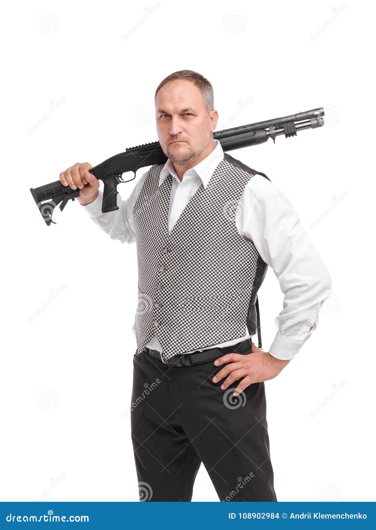 Stylish Man with Rifle. Security Agent with a Big Gun Stock Photo - Image  of defense, airsoft: 108902984