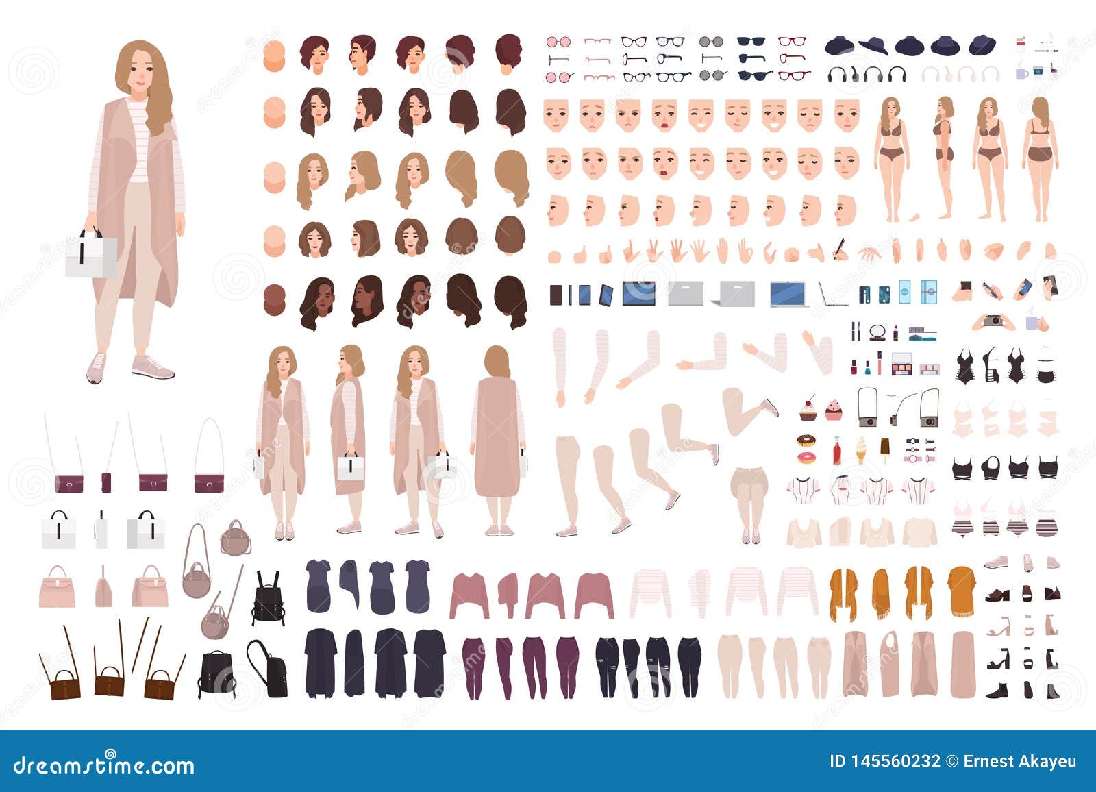 stylish modern girl animation kit or diy set. bundle of body parts, clothes and accessories. trendy street style outfit