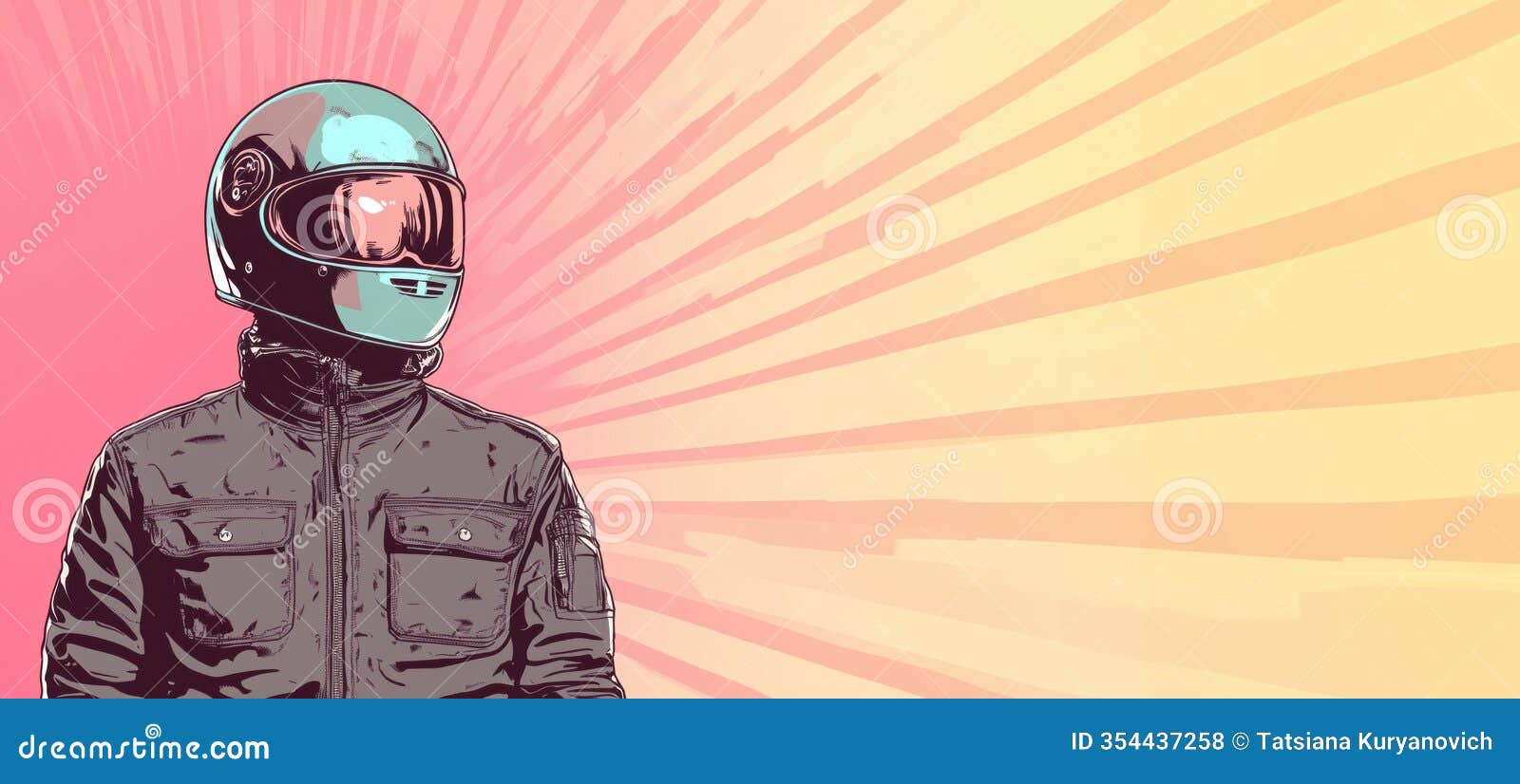 stylish motorcycle rider in retro helmet with vibrant rays background, showcasing modern  and vintage aesthetics