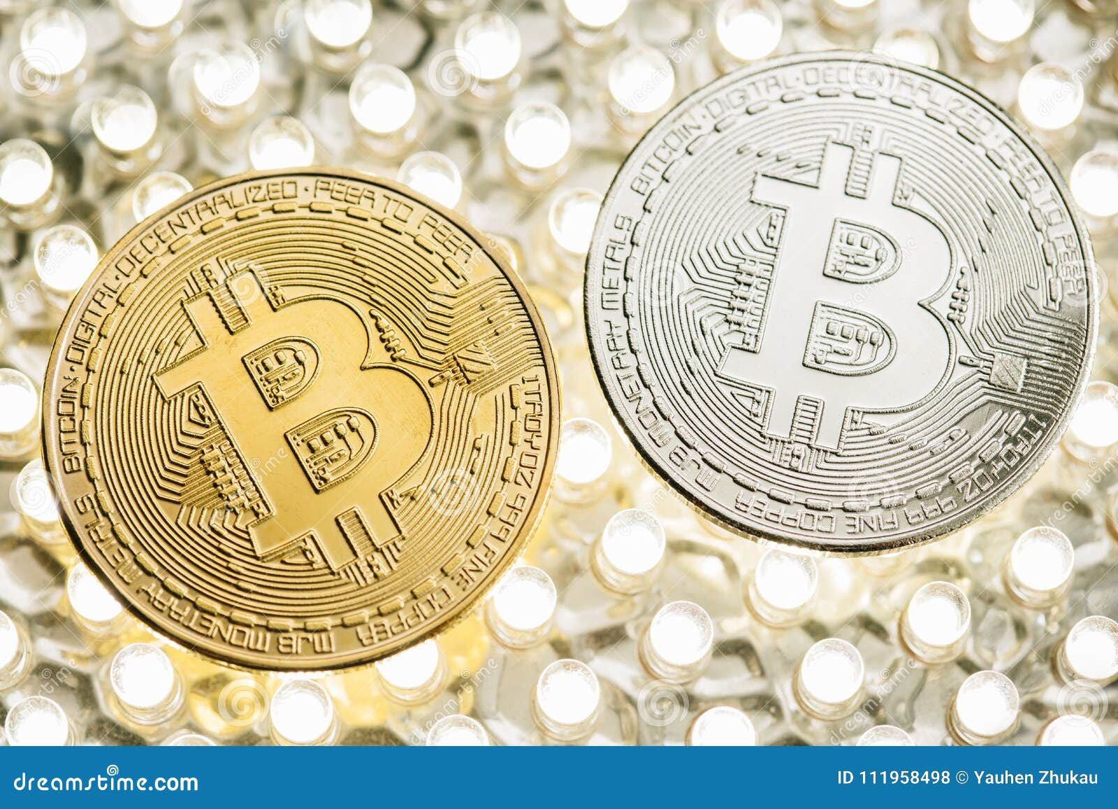 Stylish Photo Of Two Bitcoins Golden And Silver Coins On ...