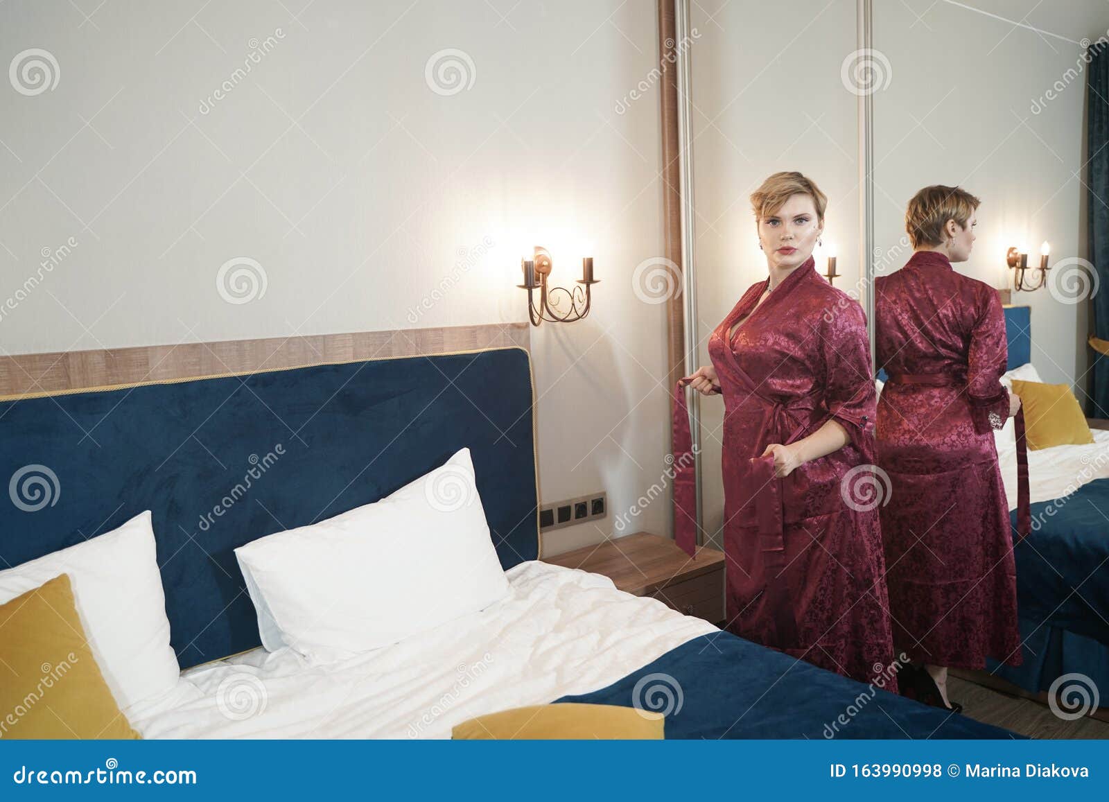 Stylish Pin Up Short Hair Blonde Woman With Plus Size Curvy Body Posing In Fashion Red Bathrobe