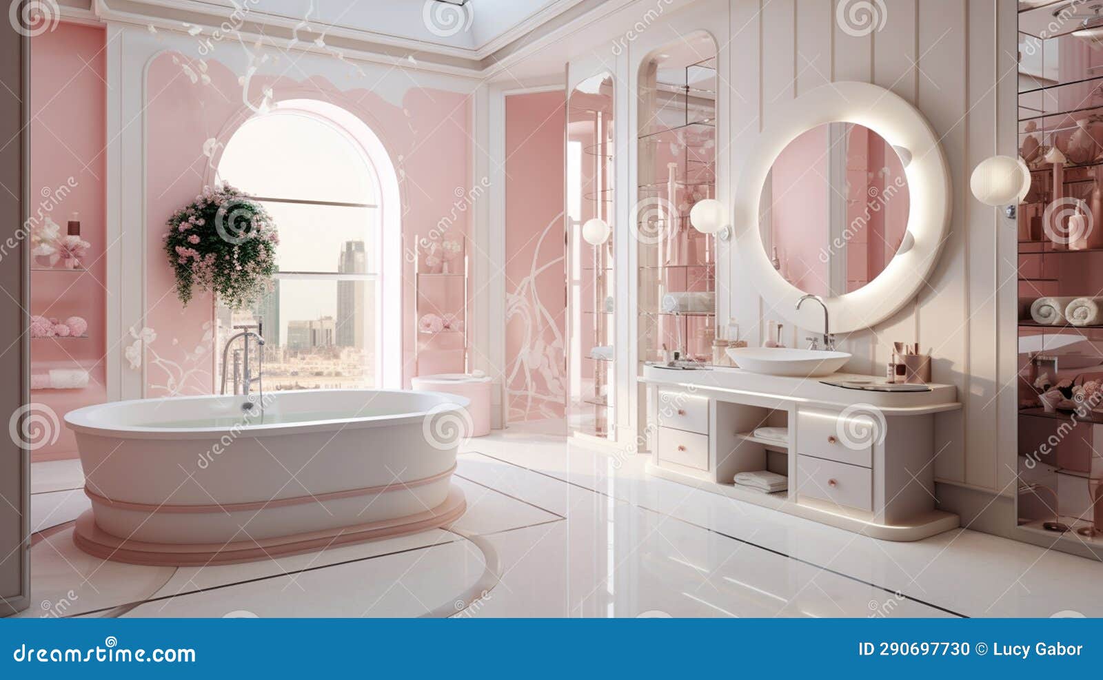 Stylish Pink and White Luxury Bathroom with Big Open Space Stock