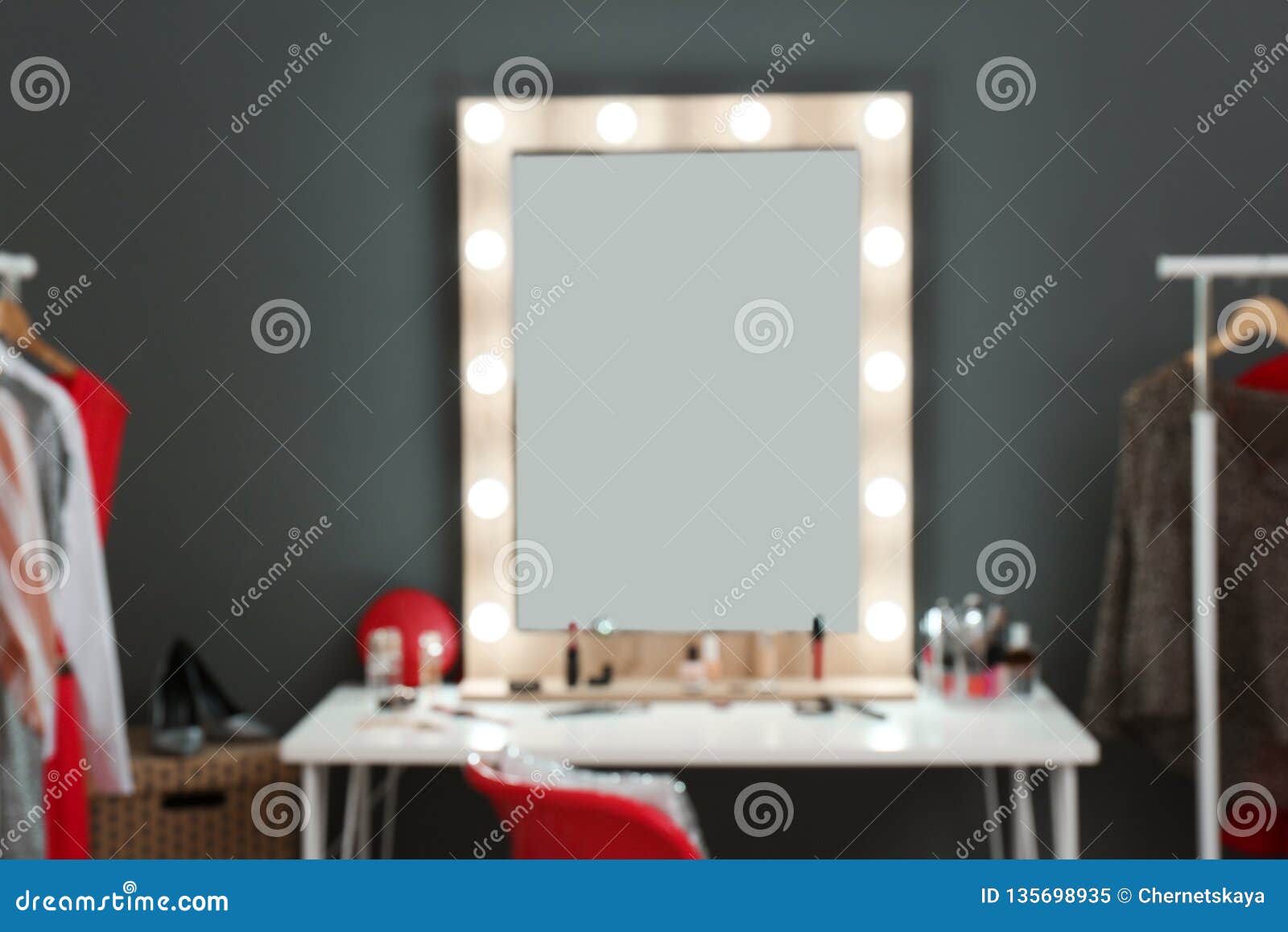 Stylish Room With Dressing Table Mirror And Wardrobe Stock