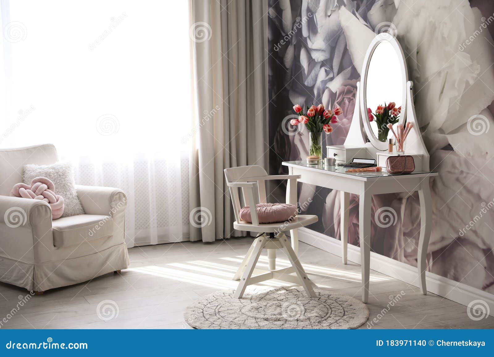 Room Interior with Elegant Dressing Table and Floral Wallpaper Stock