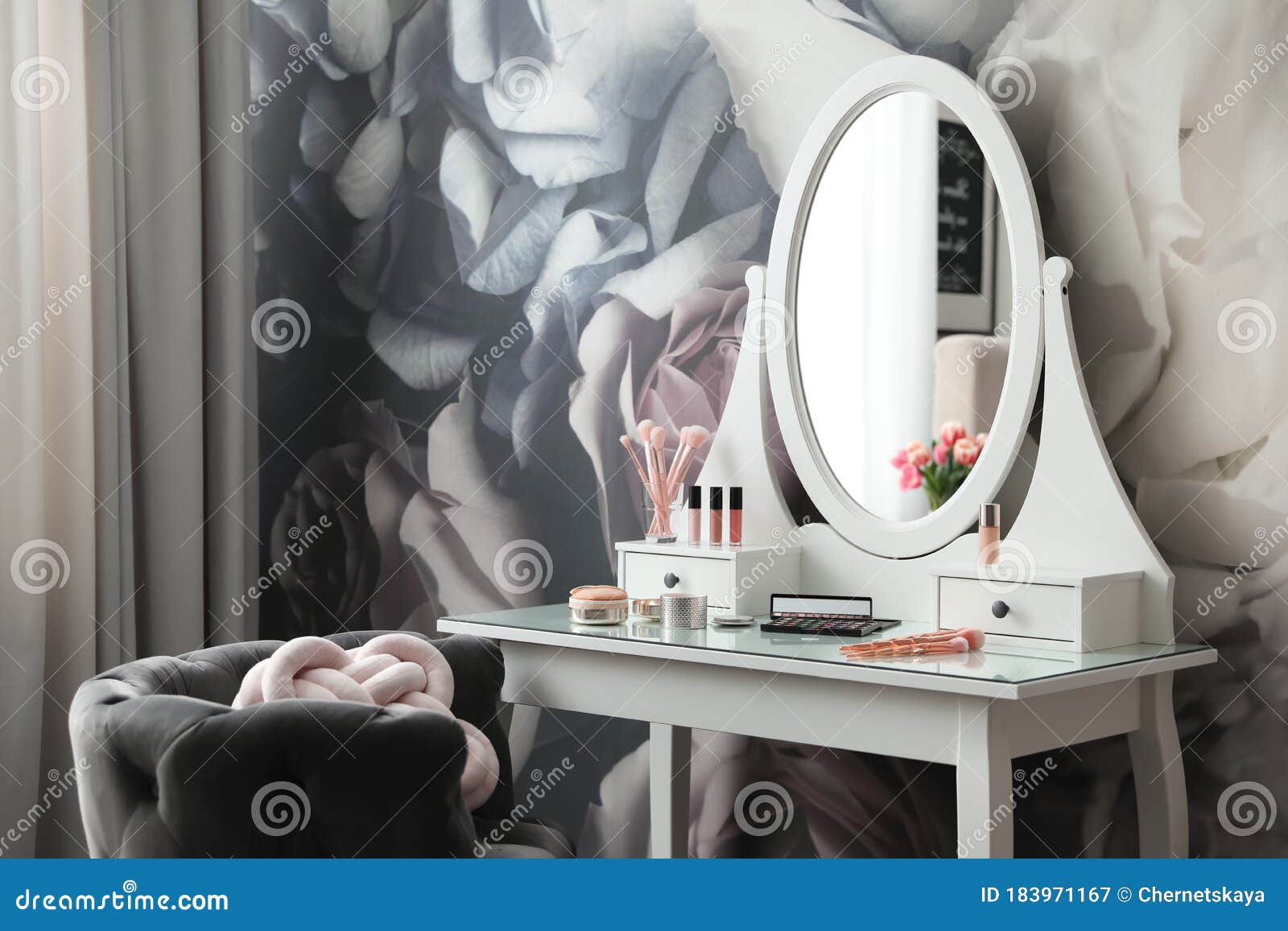Room Interior with Elegant Dressing Table and Floral Wallpaper Stock