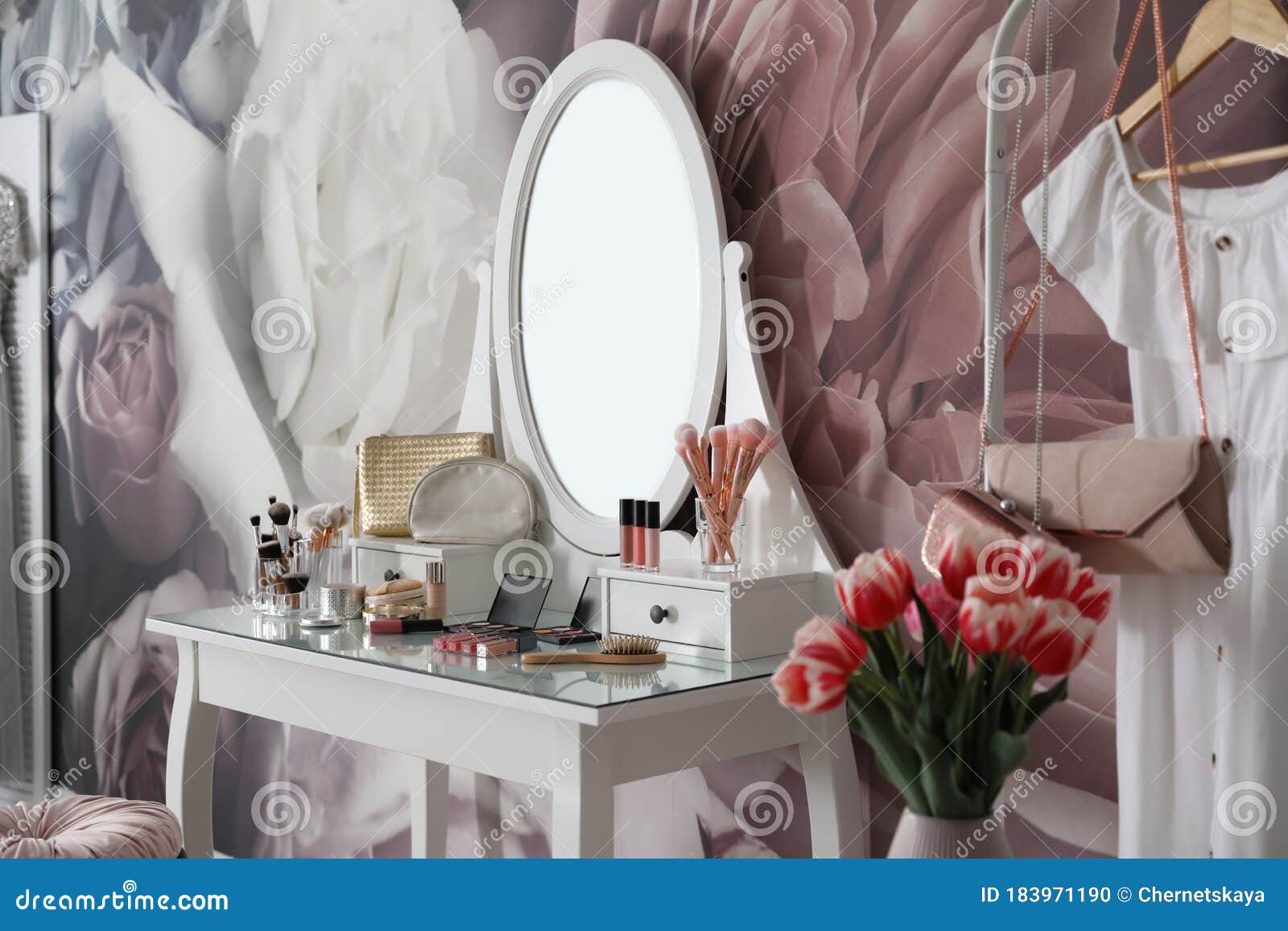 Room Interior with Elegant Dressing Table and Floral Wallpaper