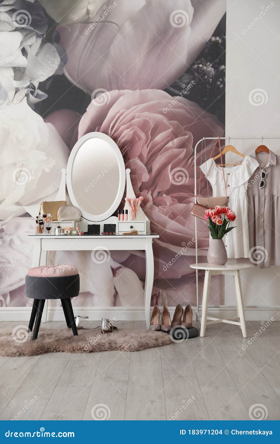 Room Interior with Elegant Dressing Table and Floral Wallpaper