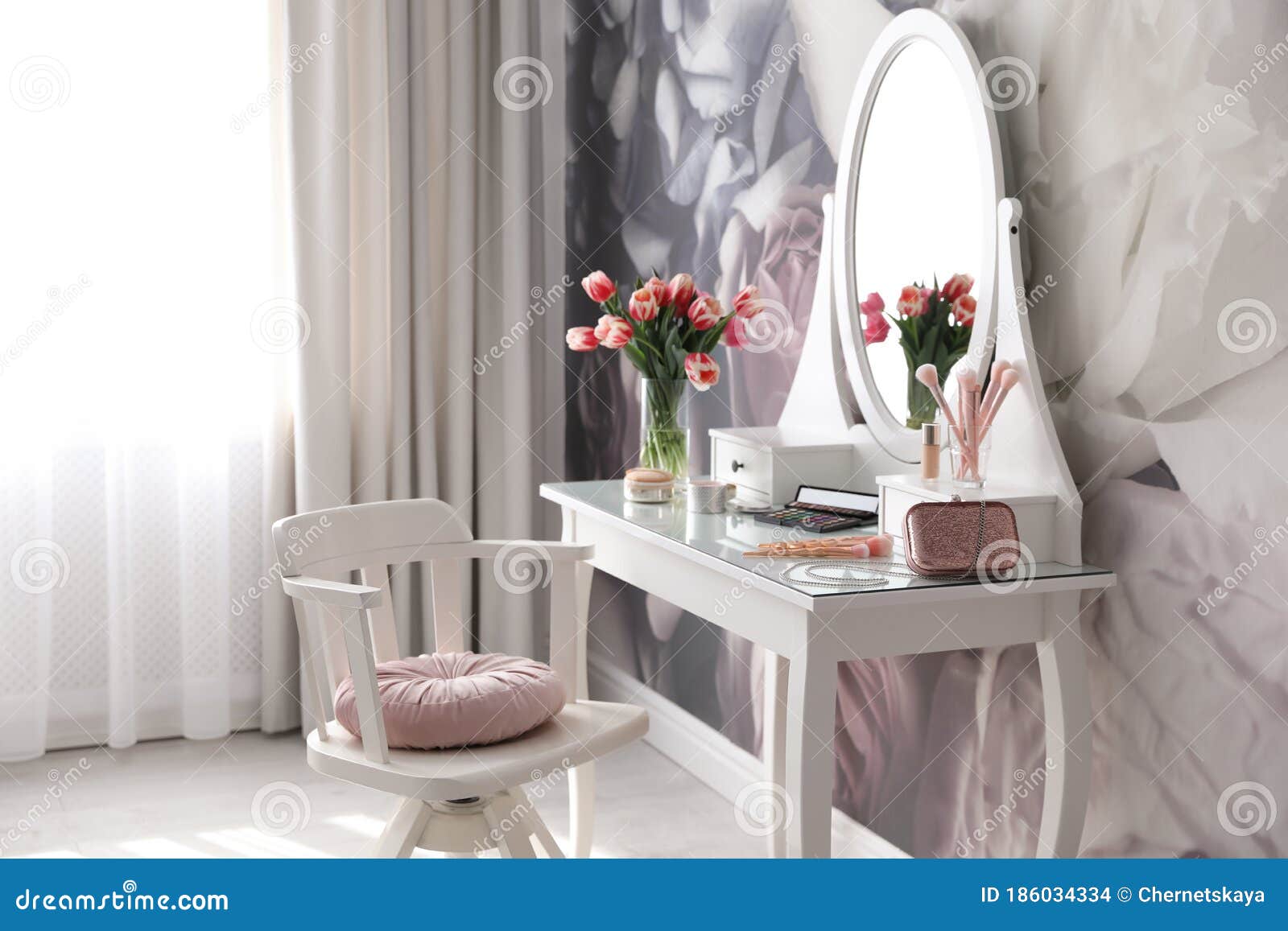 Room Interior with Elegant Dressing Table and Floral Wallpaper Stock