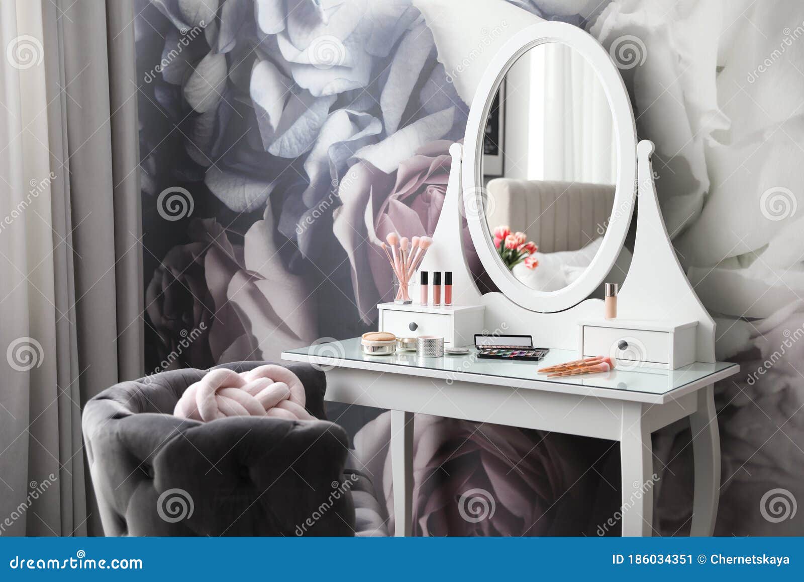 Room Interior with Elegant Dressing Table and Floral Wallpaper Stock