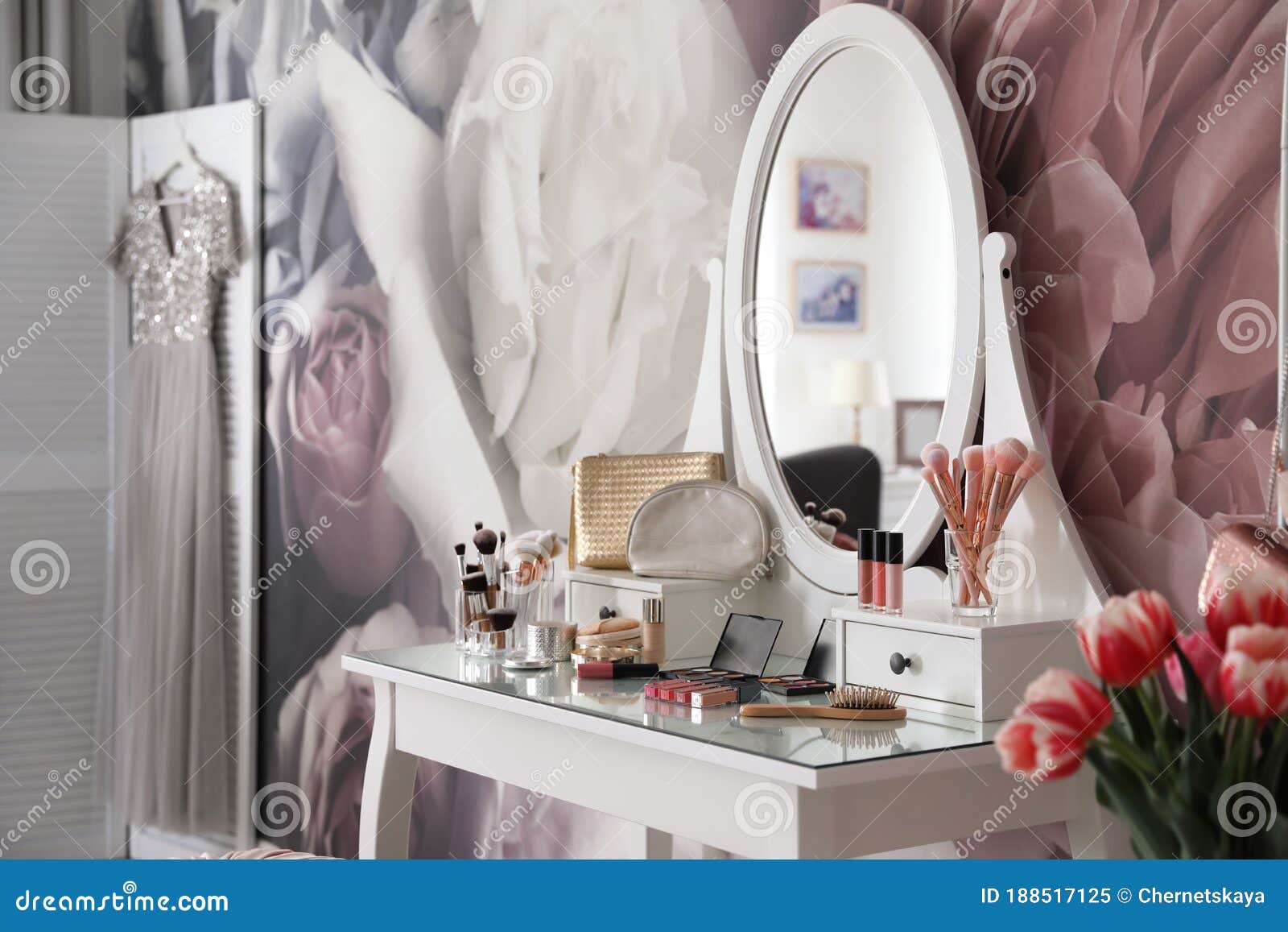 Stylish Room with Elegant Dressing Table and Floral Wallpaper Stock