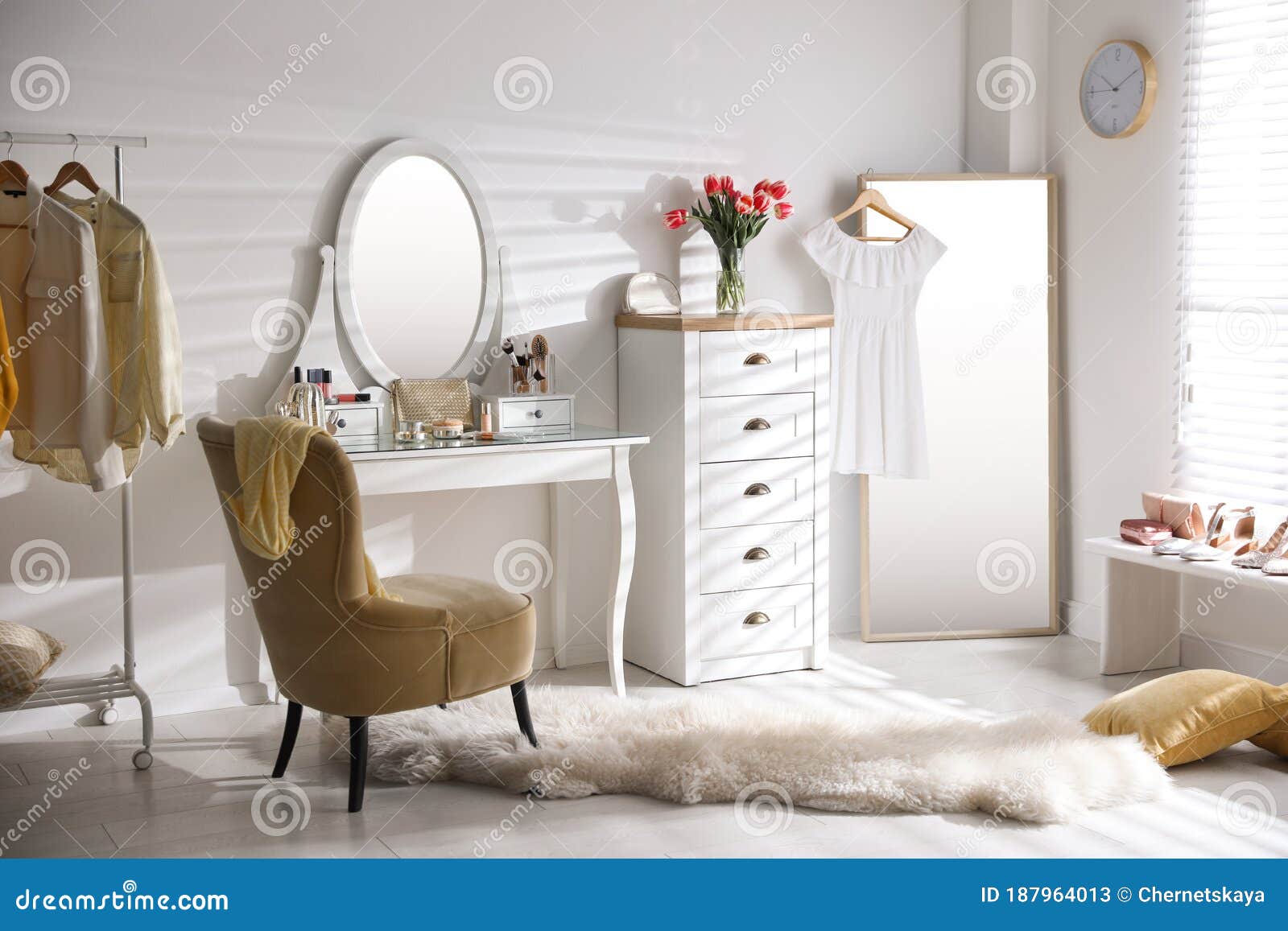 Room Interior with Elegant Dressing Table, Mirror and Comfortable Chair