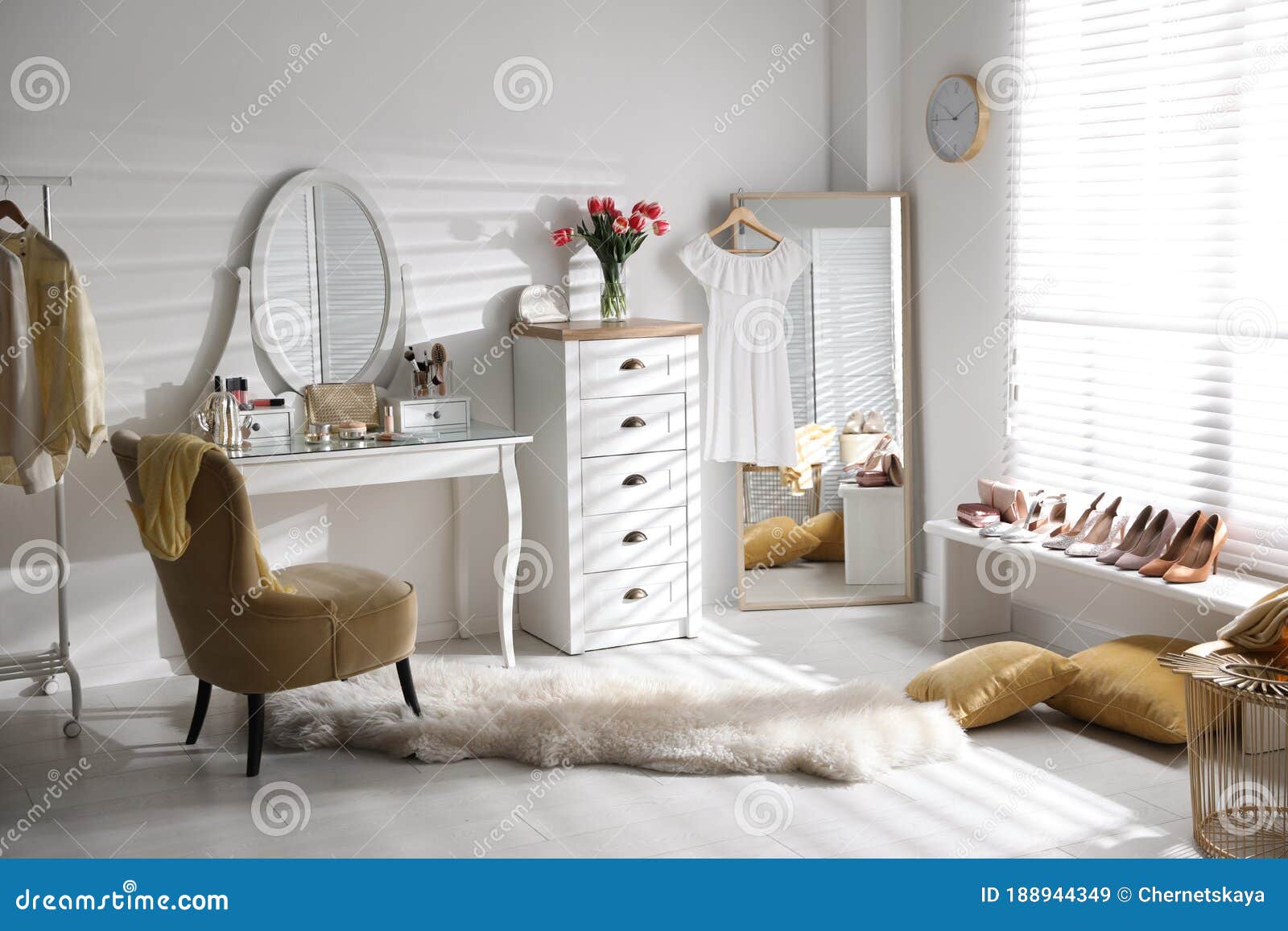 Stylish Room Interior with Elegant Dressing Table, Mirror and Chair