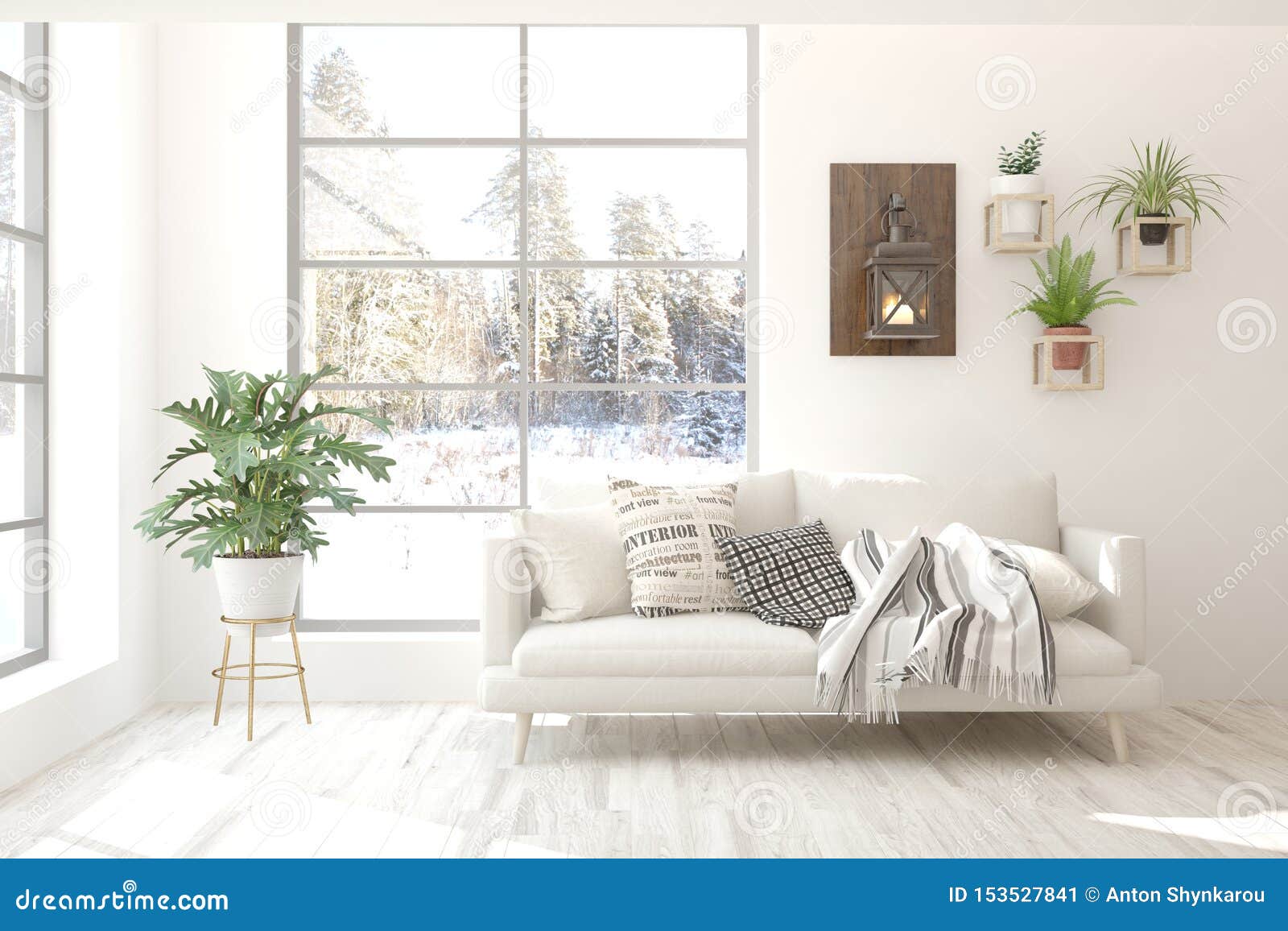Stylish Room In White Color With Sofa And Winter Landscape In Window Scandinavian Interior Design 3d Illustration Stock Illustration Illustration Of Background Home 153527841