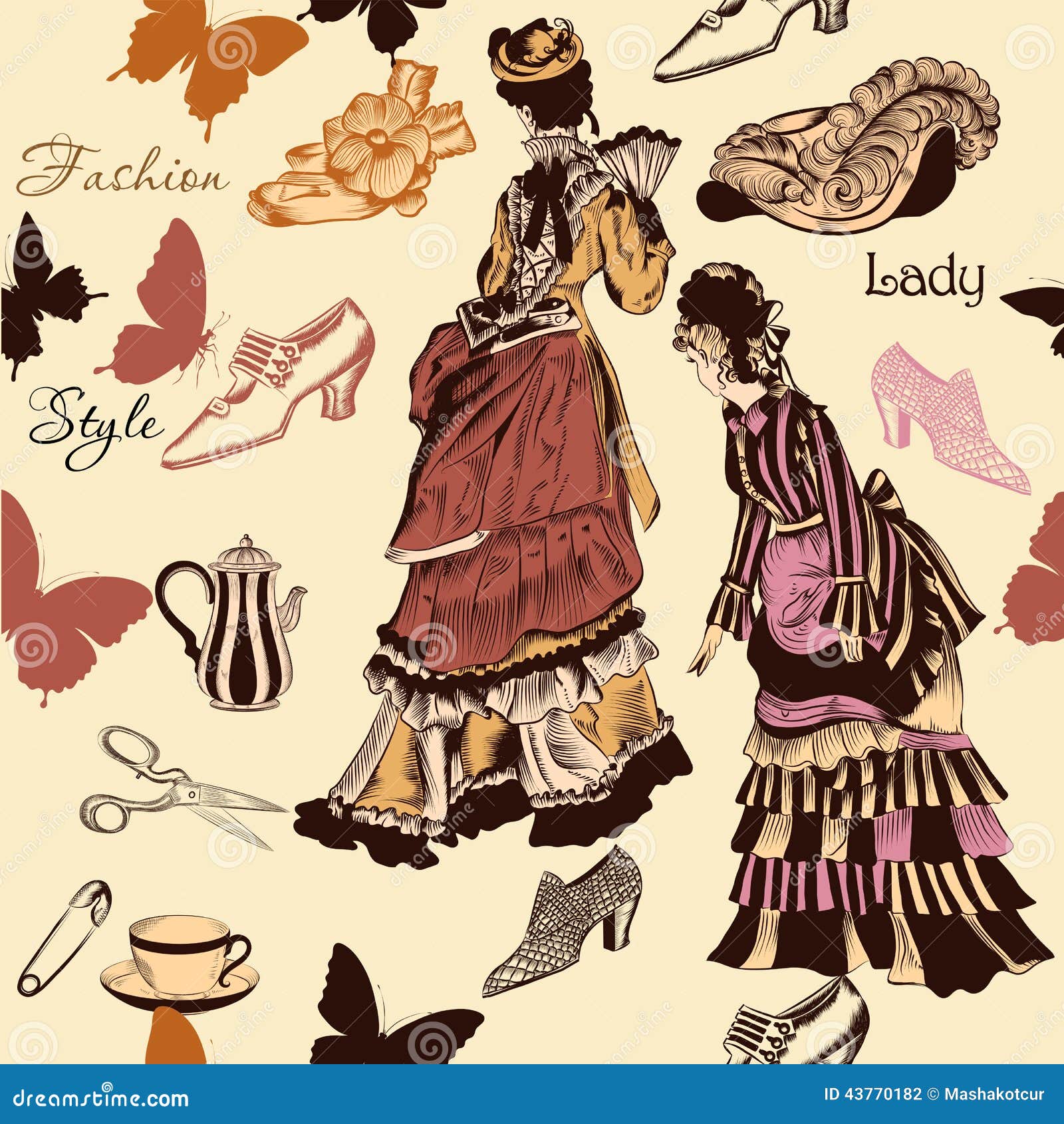 Stylish Seamless Wallpaper Pattern with Old Fashioned Woman Stock