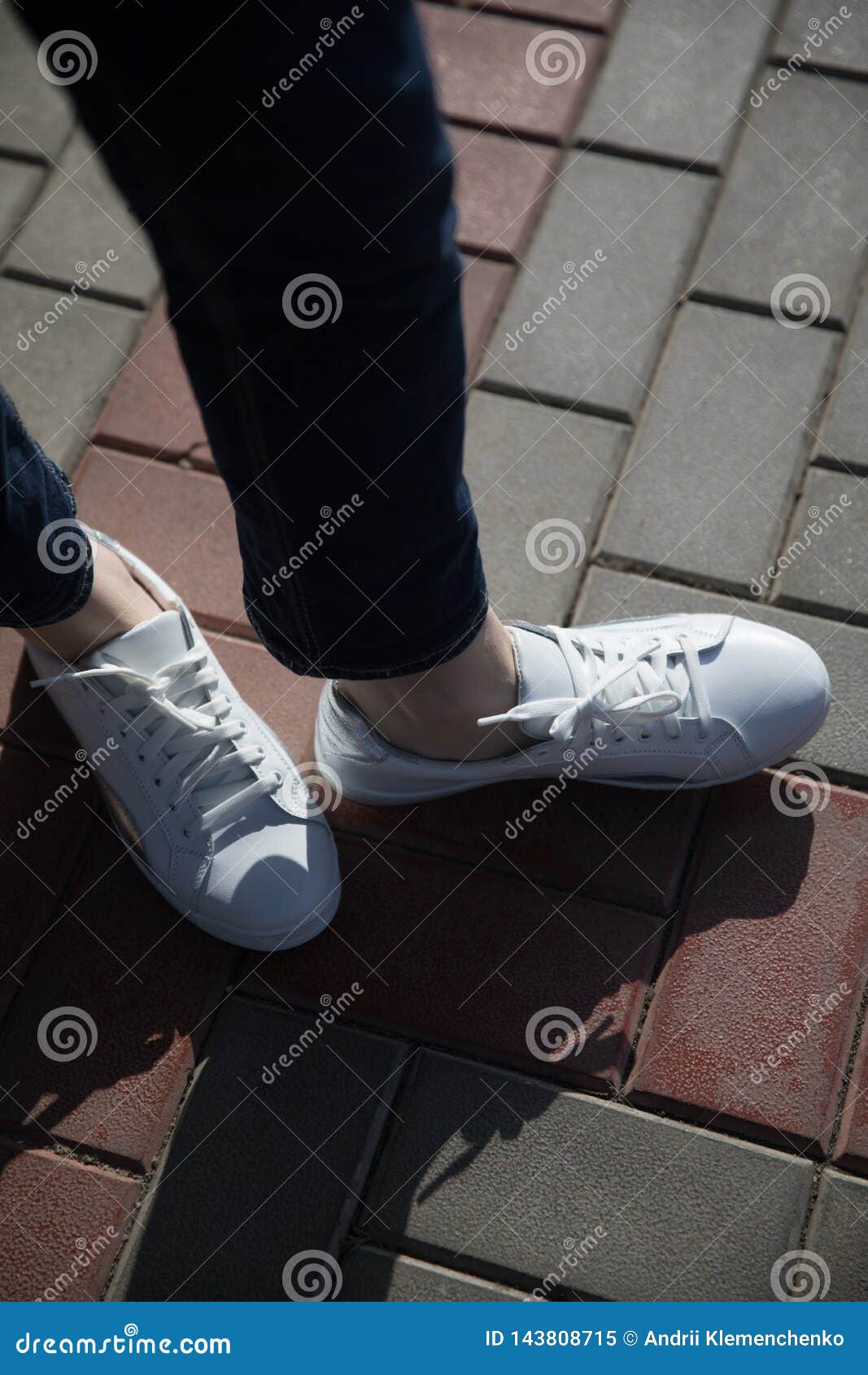 Close Up of Model in White Sneakers Stock Image - Image of denim, color ...