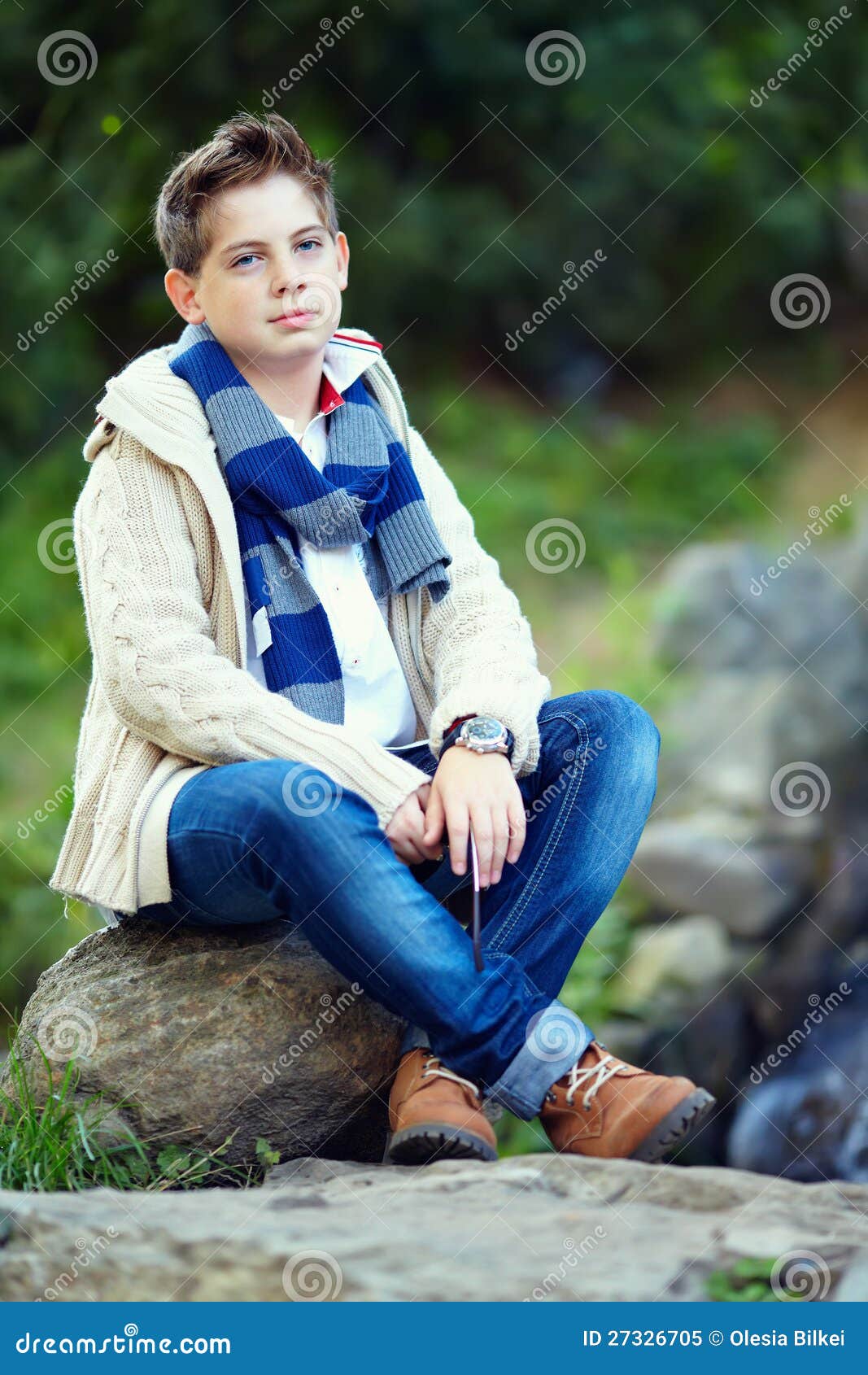 Stylish Teenage Boy Sit on Rock, Nature Outdoors Stock Image - Image of ...