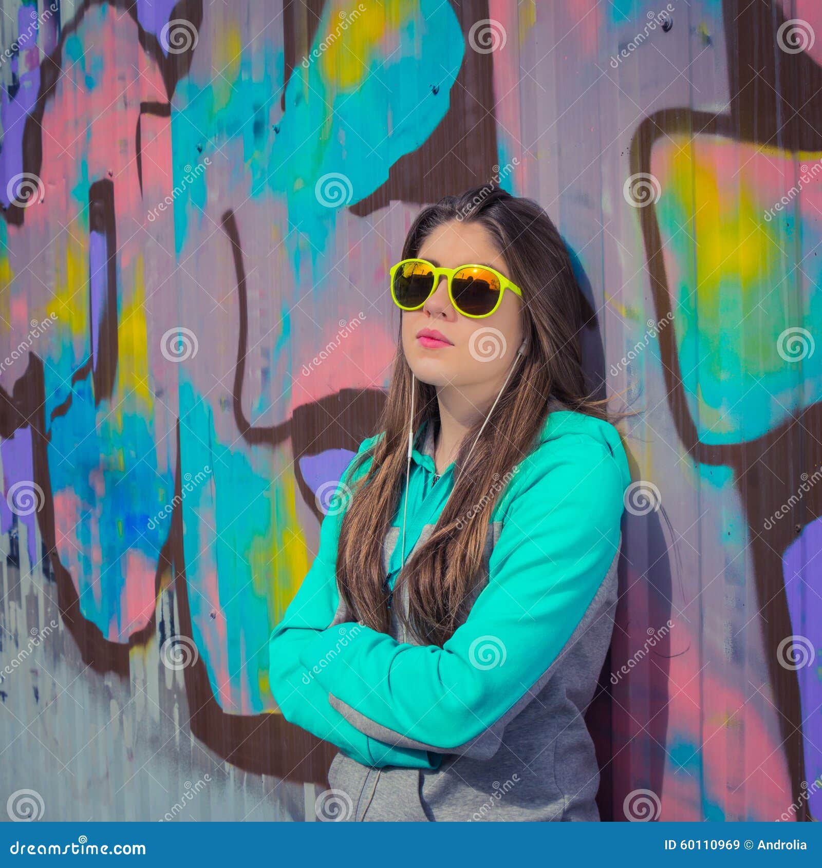 Stylish Teenage Girl in Colorful Sunglasses Posing Near Graffiti Stock ...