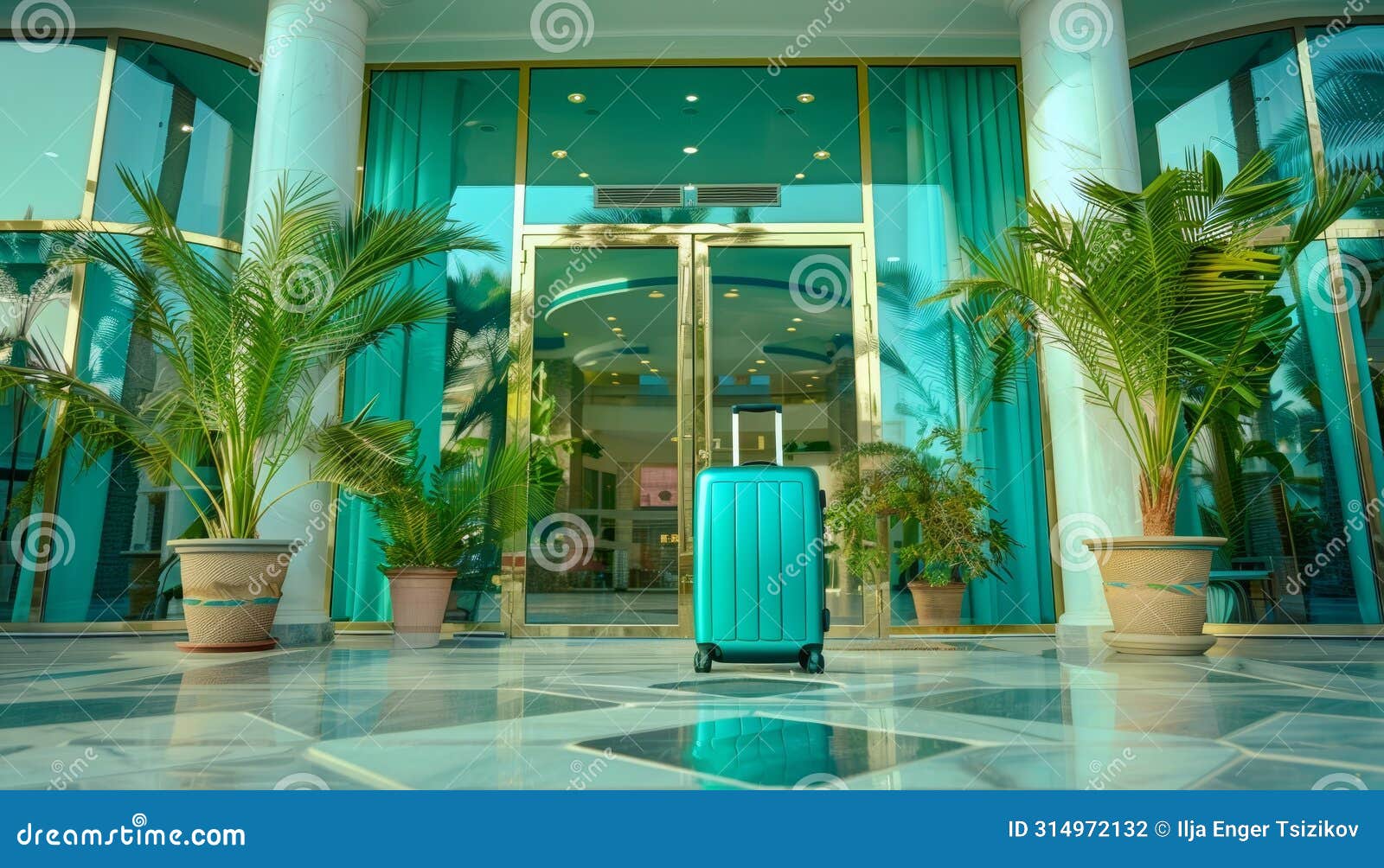 stylish travel suitcase at the entrance of a luxurious and elegant hotel establishment
