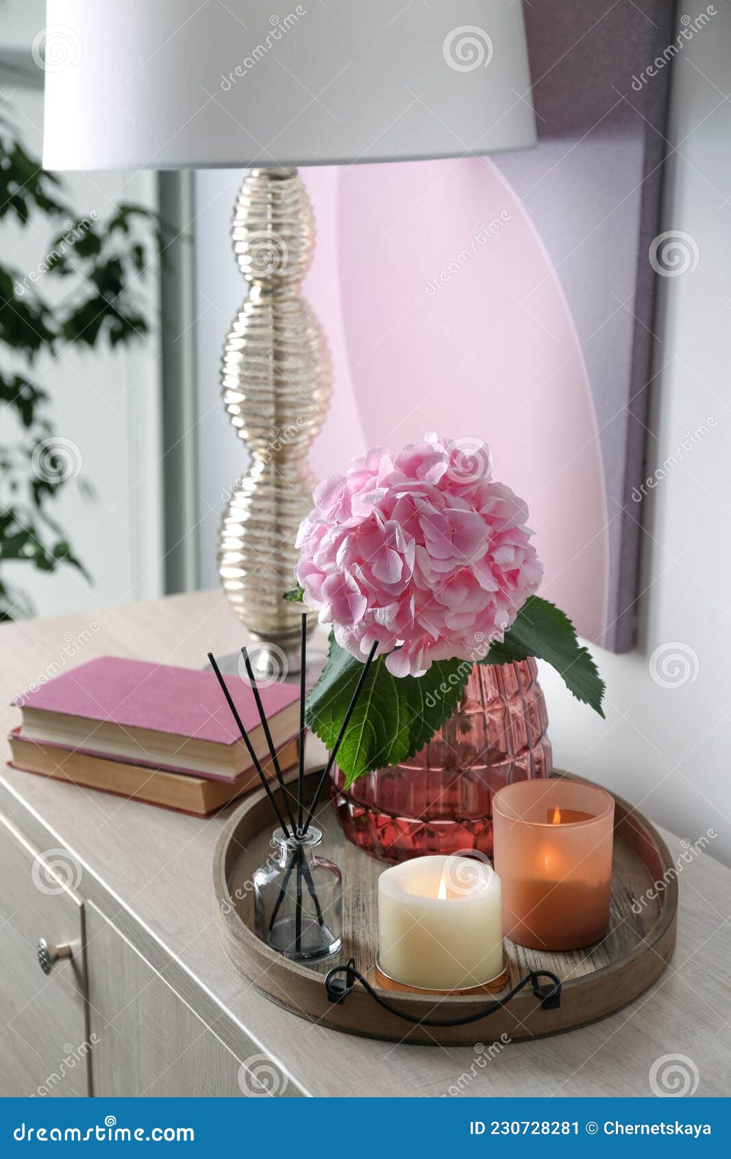 Stylish Tray with Different Interior Elements and Lamp on Chest of