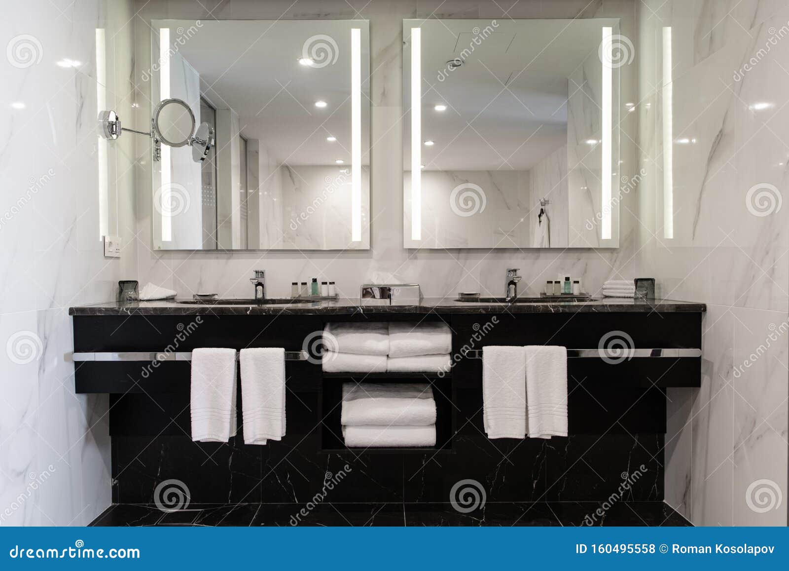 Stylish Twin Bathroom with Two Sinks and Mirror. Stock Photo Image of