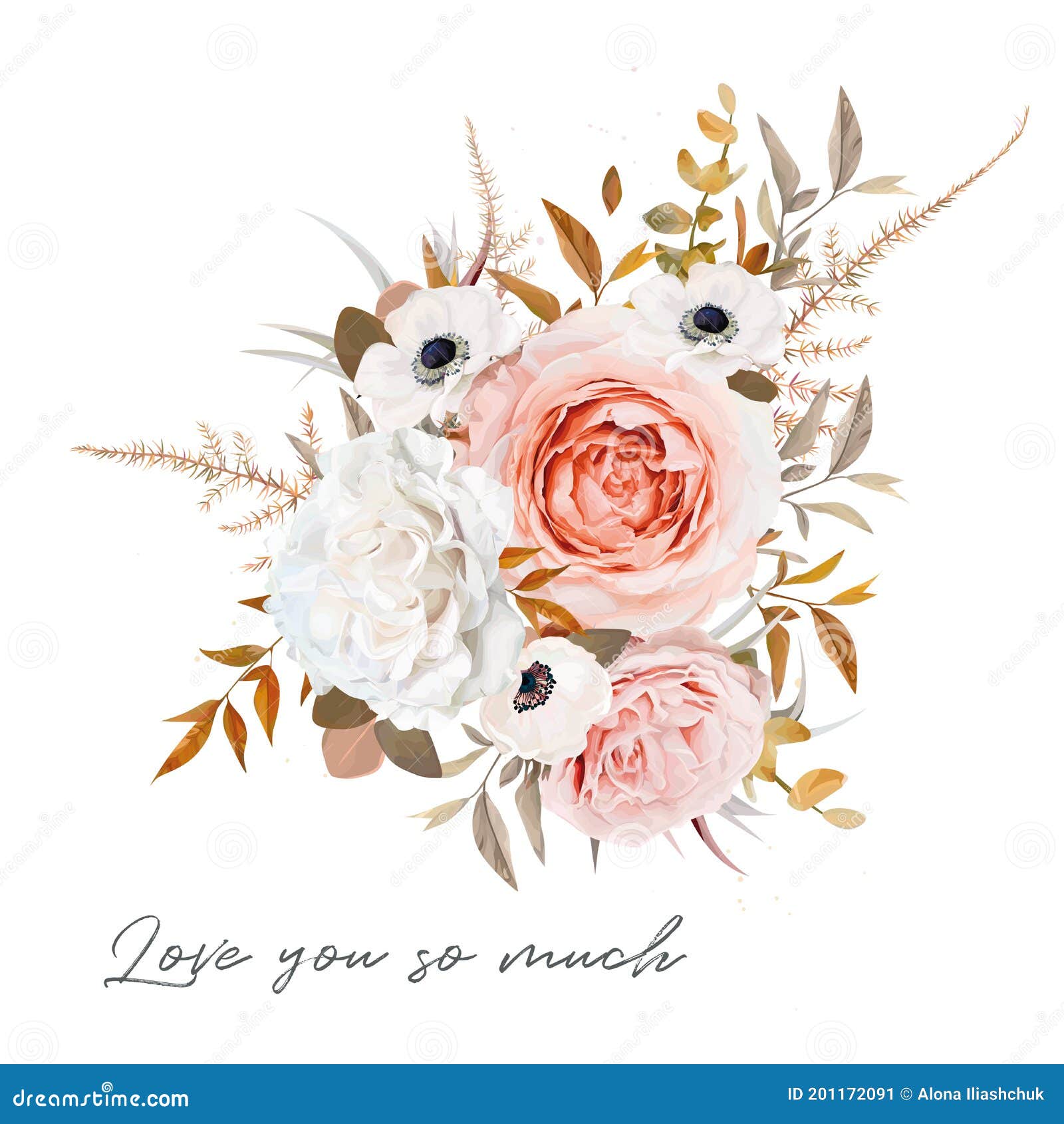 Stylish Vector Floral Bouquet Design. Blush Peach, Pale Pink Rose, Ivory White  Anemone Flower, Taupe Brown, Orange Fall Eucalyptus Stock Vector -  Illustration of floral, card: 201172091