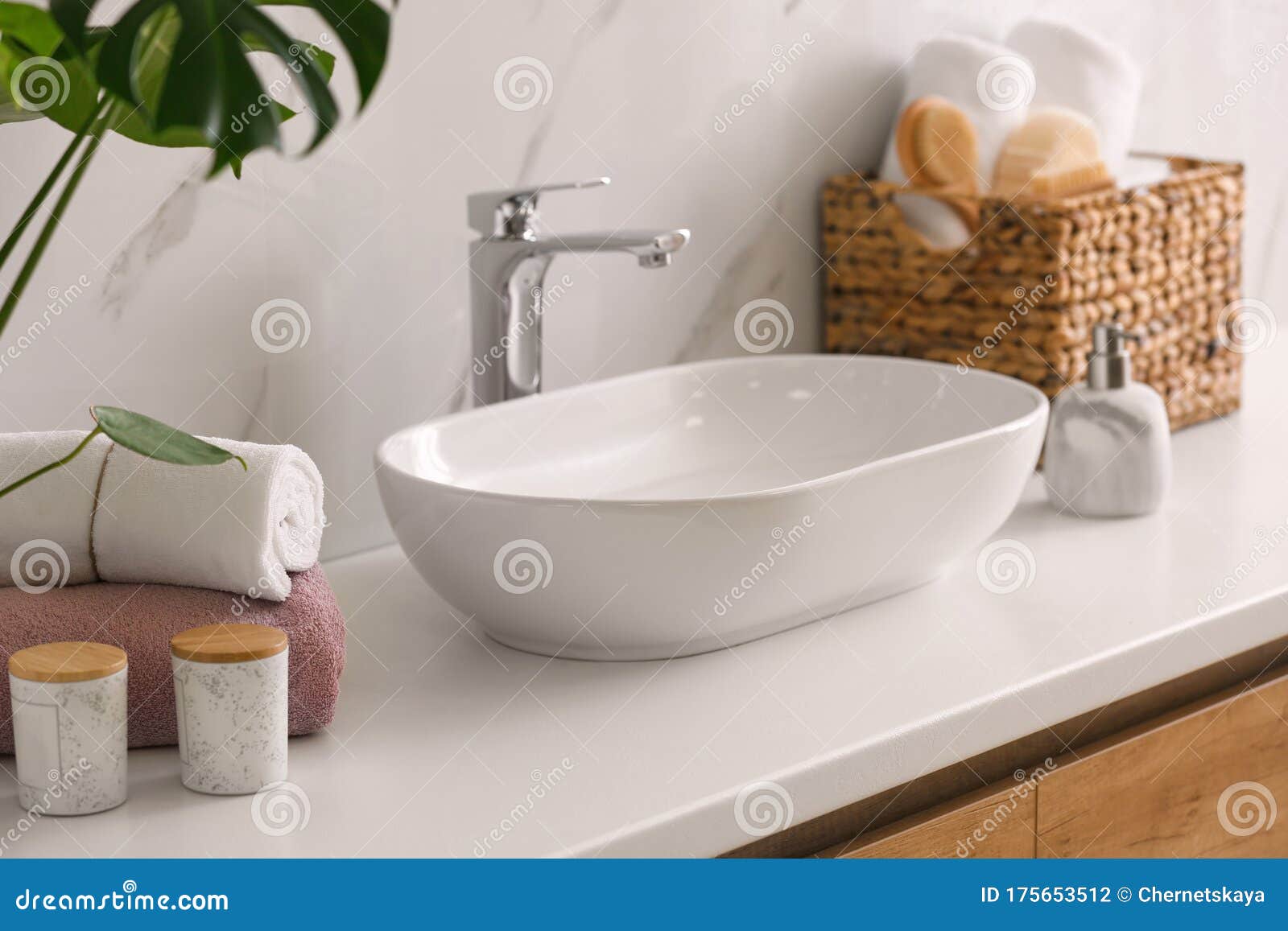Stylish Vessel Sink on Light Countertop in Bathroom Stock Photo Image