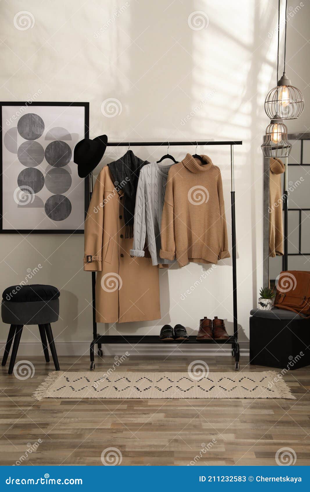 Stylish Warm Clothes on Rack in Dressing Room Interior Stock Image Image of dressing, rack