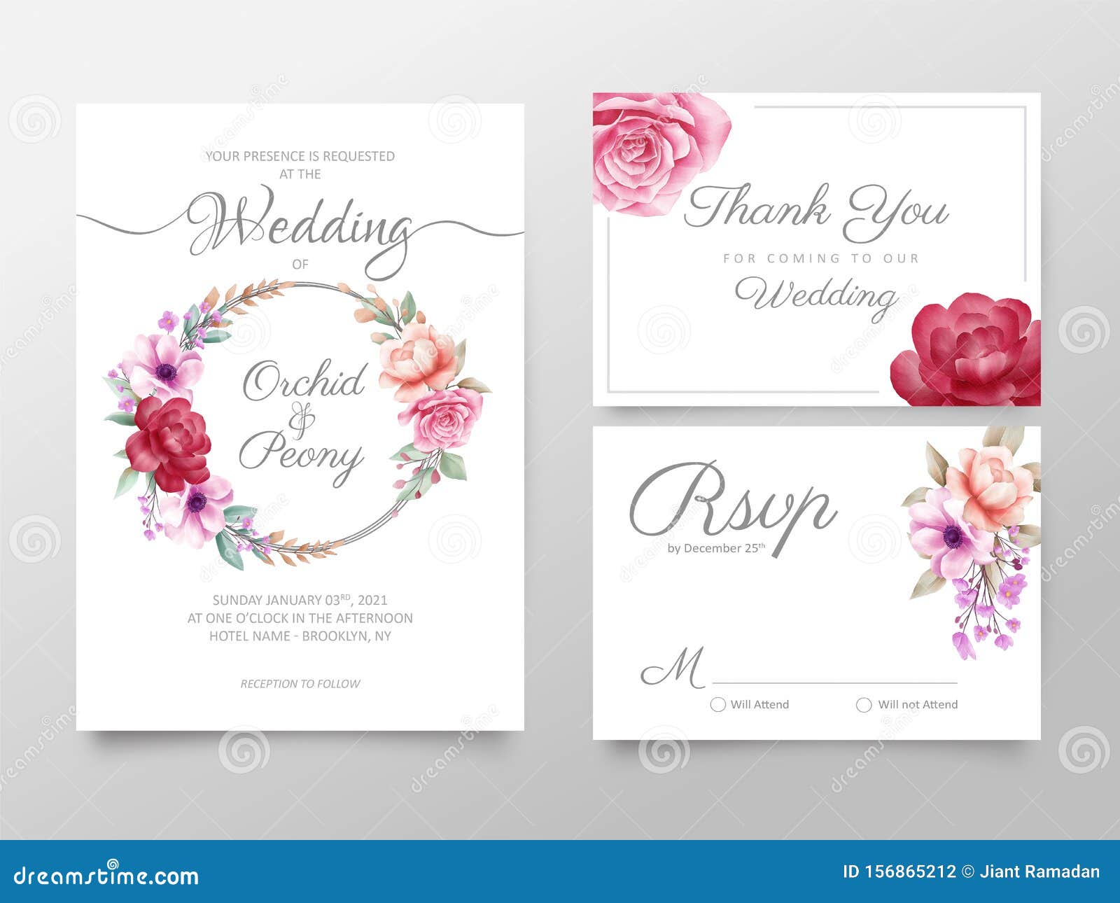 Stylish Watercolor Floral Wedding Invitation Cards Template Set Throughout Wedding Rsvp Postcard Template Free