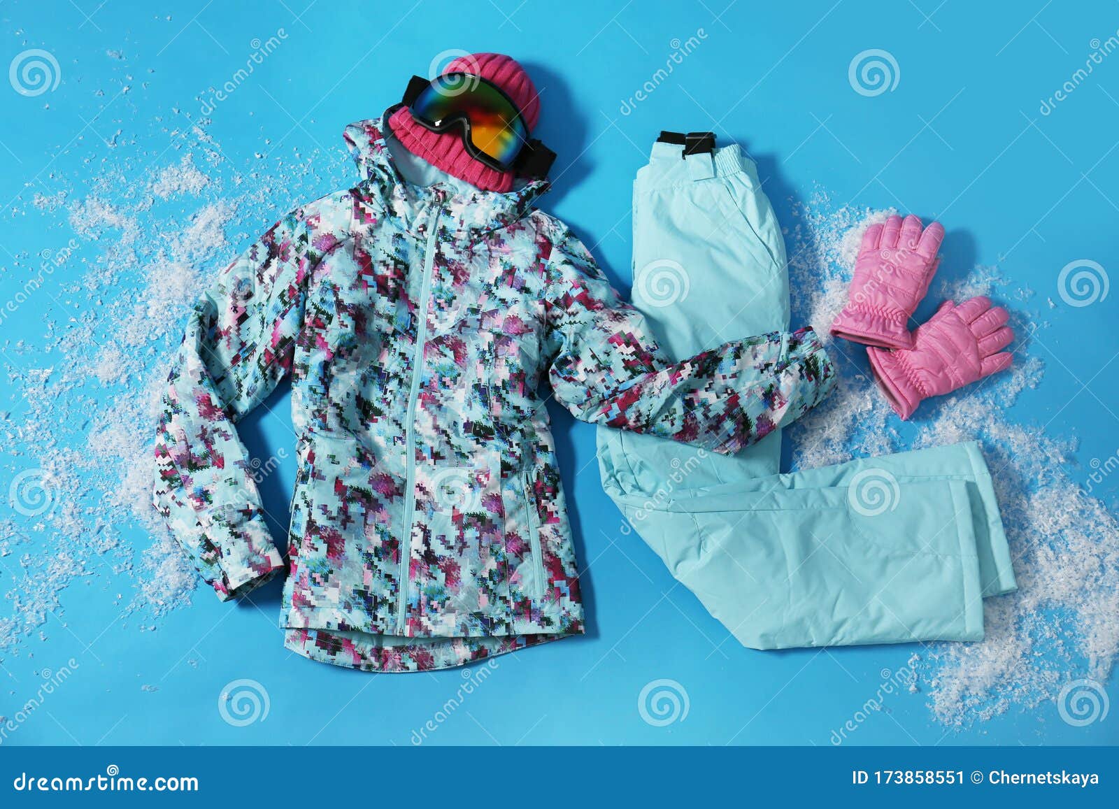 Stylish Winter Sport Clothes on Light Blue Background, Flat Lay Stock