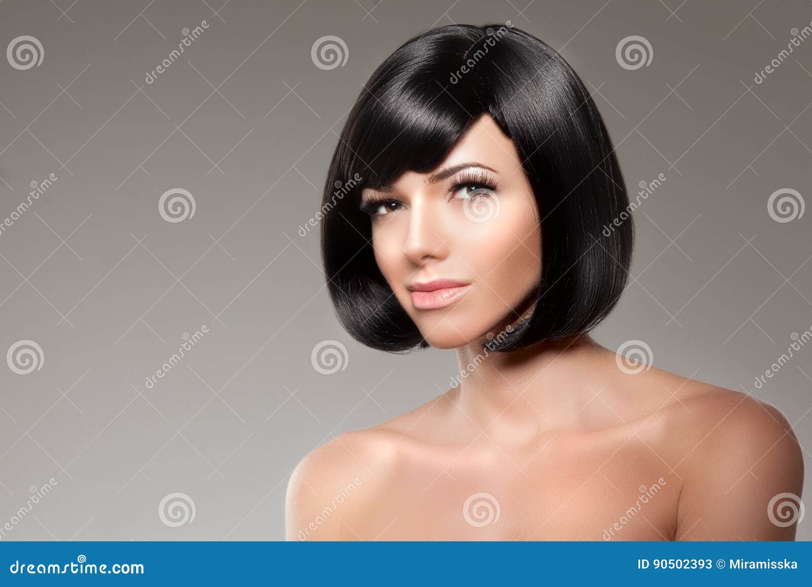 Stylish Woman with a Bob Hairstyle. Girl Model with a Short Black Fringe  and Vlosami Stock Image - Image of beauty, caucasian: 90502393