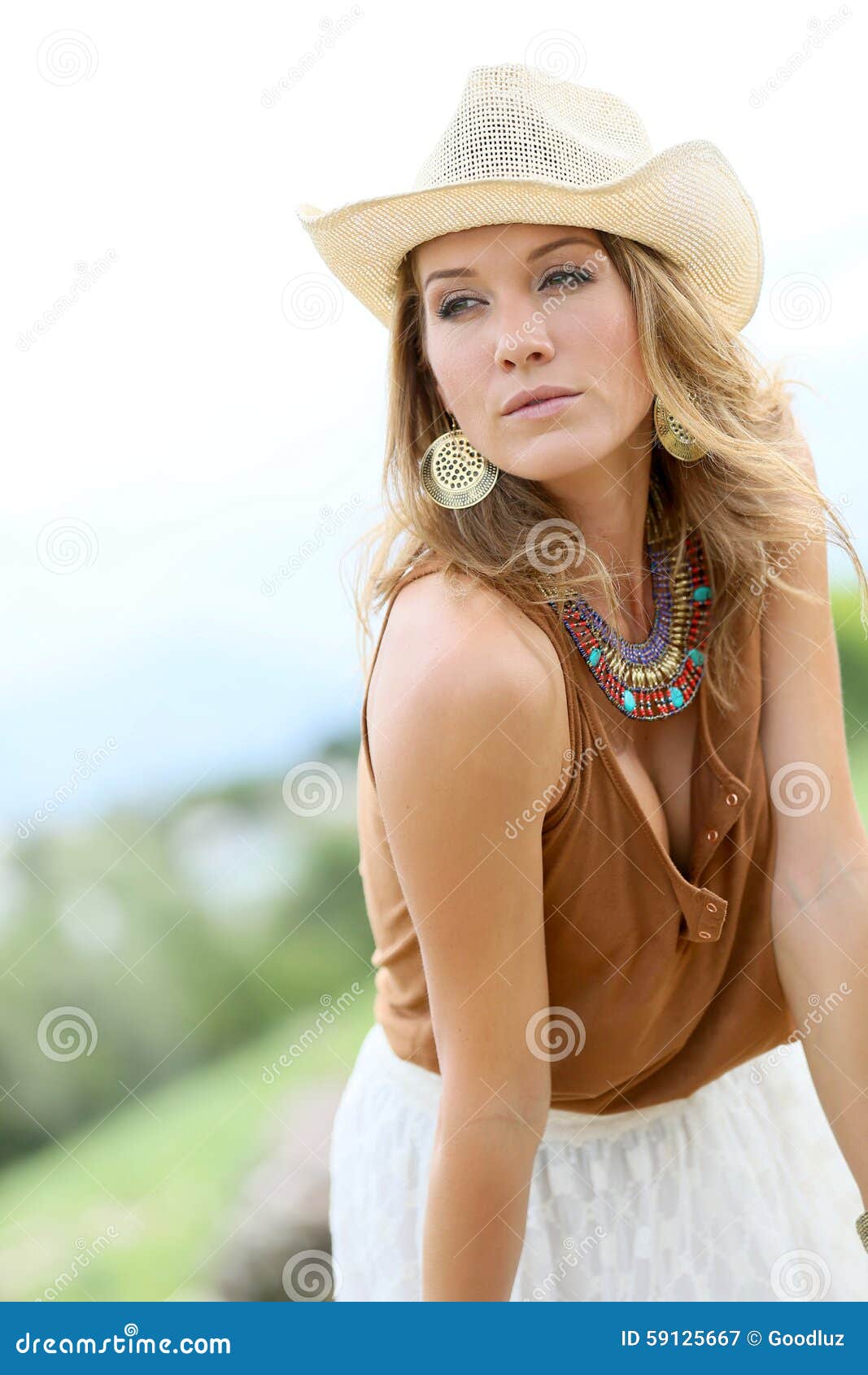 Stylish Woman with Cowboy Hat and Accessories Stock Image - Image of trunk,  outside: 59125667