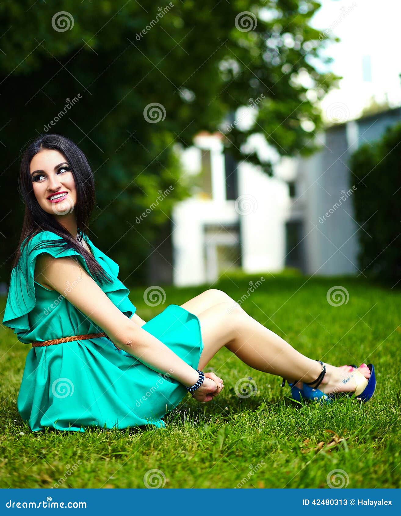 Stylish Woman Girl On Casual Green Dress Stock Image Image Of Care Cute 42480313