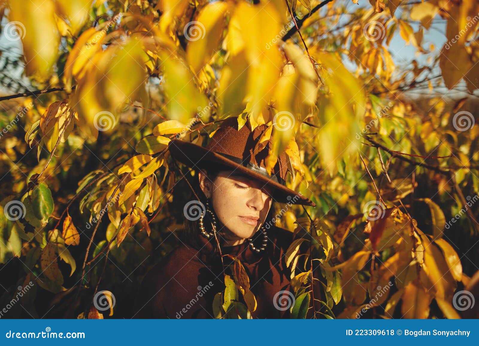 Stylish Woman in Hat and Brown Clothes Posing among Autumn Leaves in ...