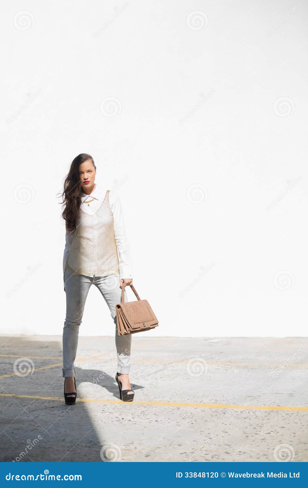 Stylish Woman Holding Brown Bag Posing Stock Photo Image of fashion
