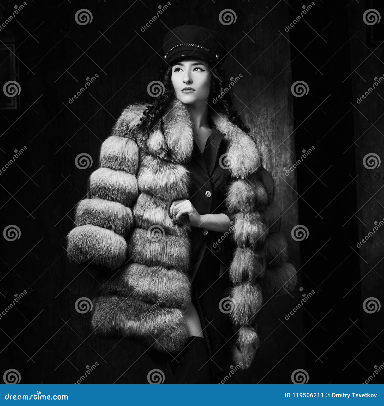 Stylish Woman in Jacket Dress and Fur Coat Stock Image - Image of girl ...