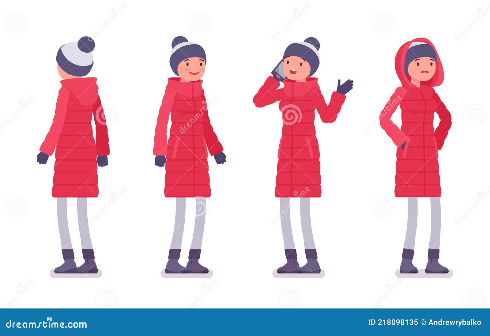 Stylish Woman in a Long Red Down Jacket Standing Stock Vector ...