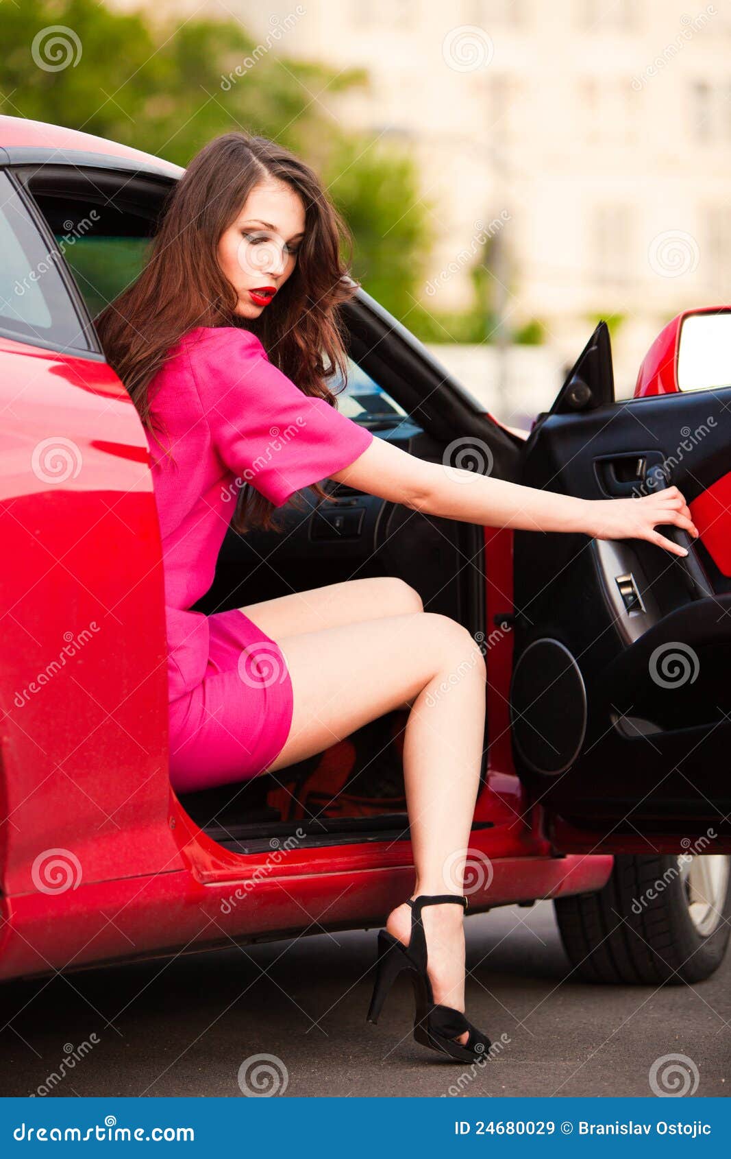 Stylish Woman In Red Car Stock Image Image Of Heels