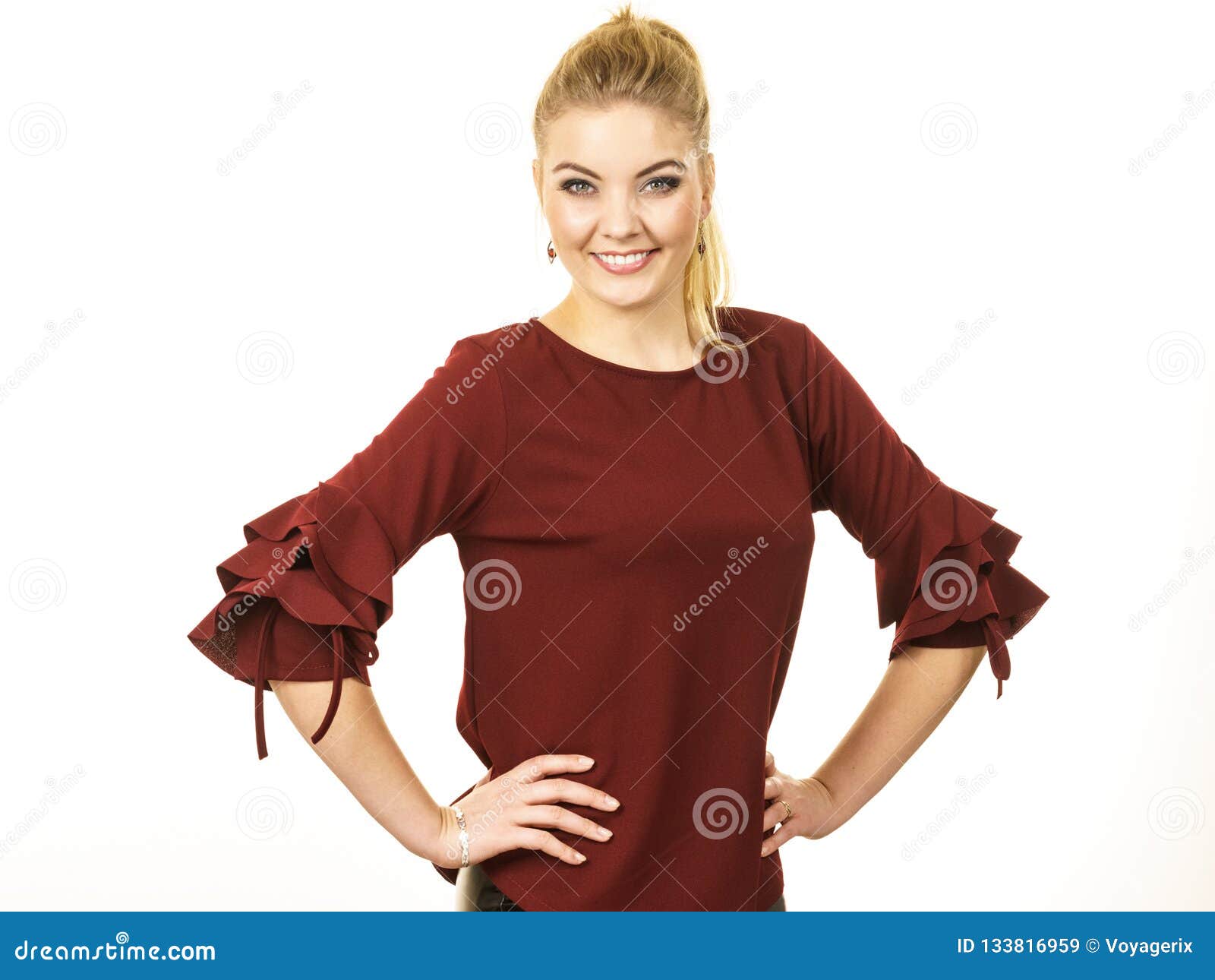 Stylish Woman Wearing Burgundy Top Stock Image - Image of flounces ...