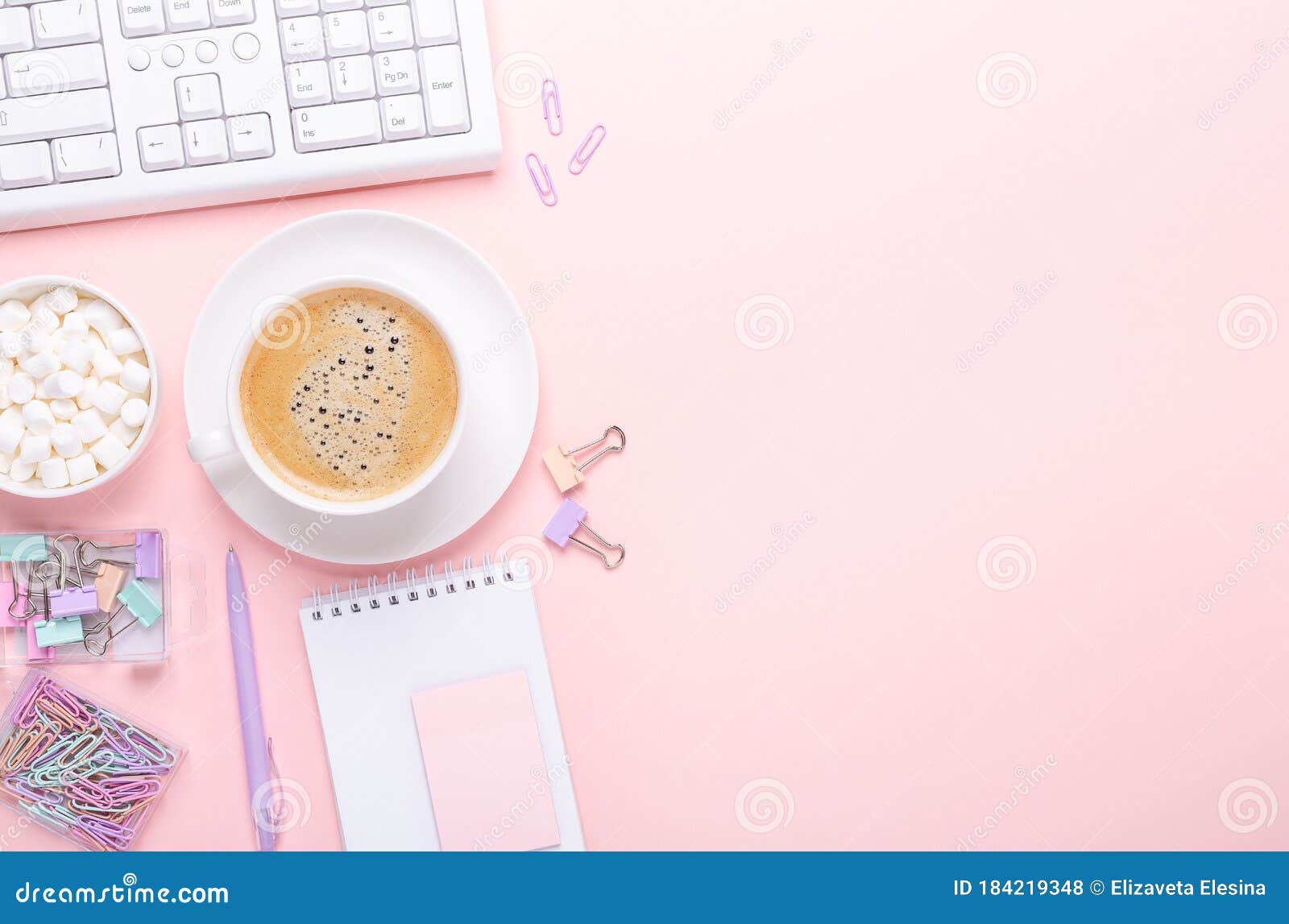 Stylish Workplace with Cup of Coffee on Pink Background, Flat Lay, Top ...