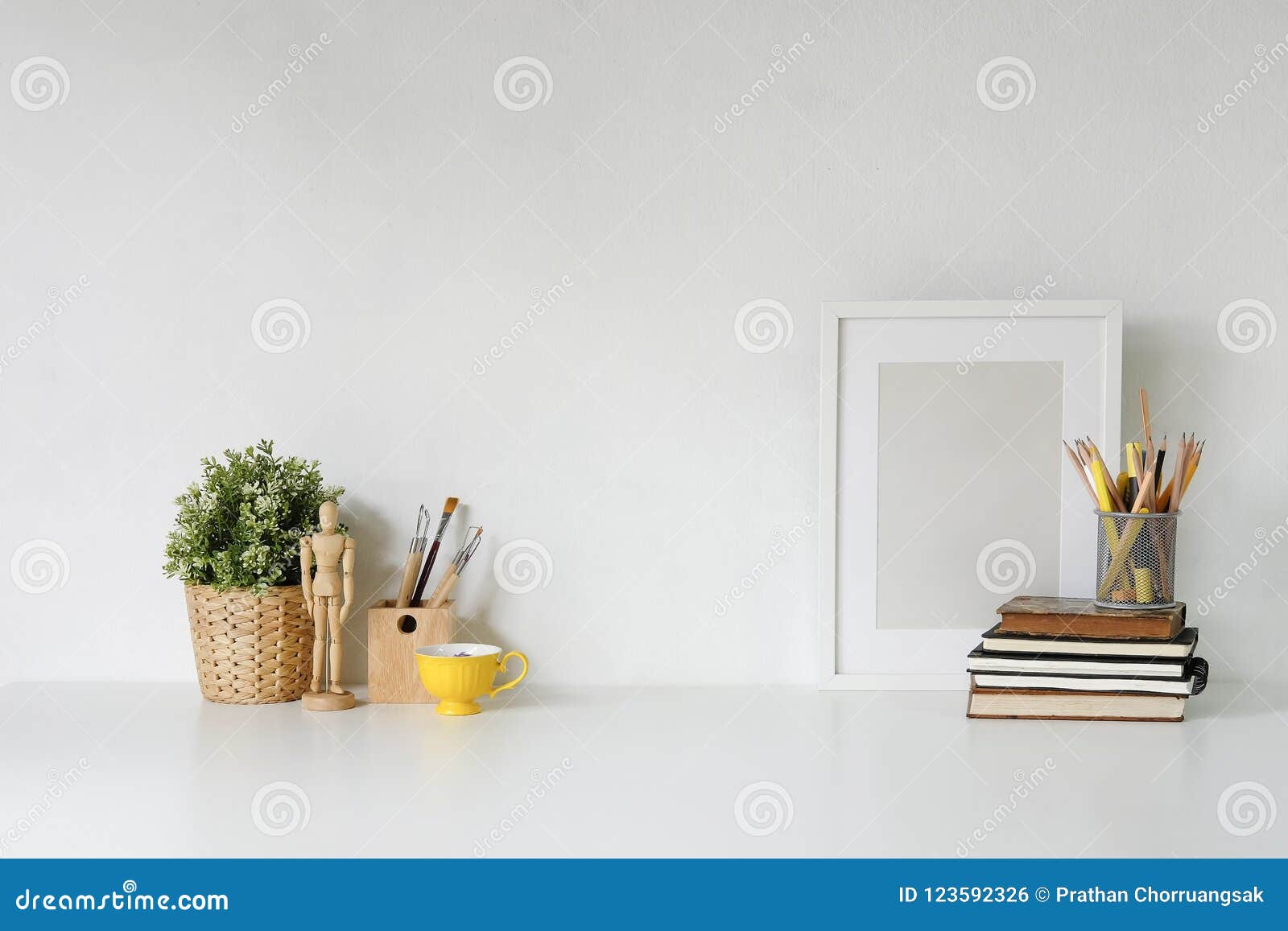 Stylish Workspace with Poster, Book and Gadget. Workplace Desk a Stock ...