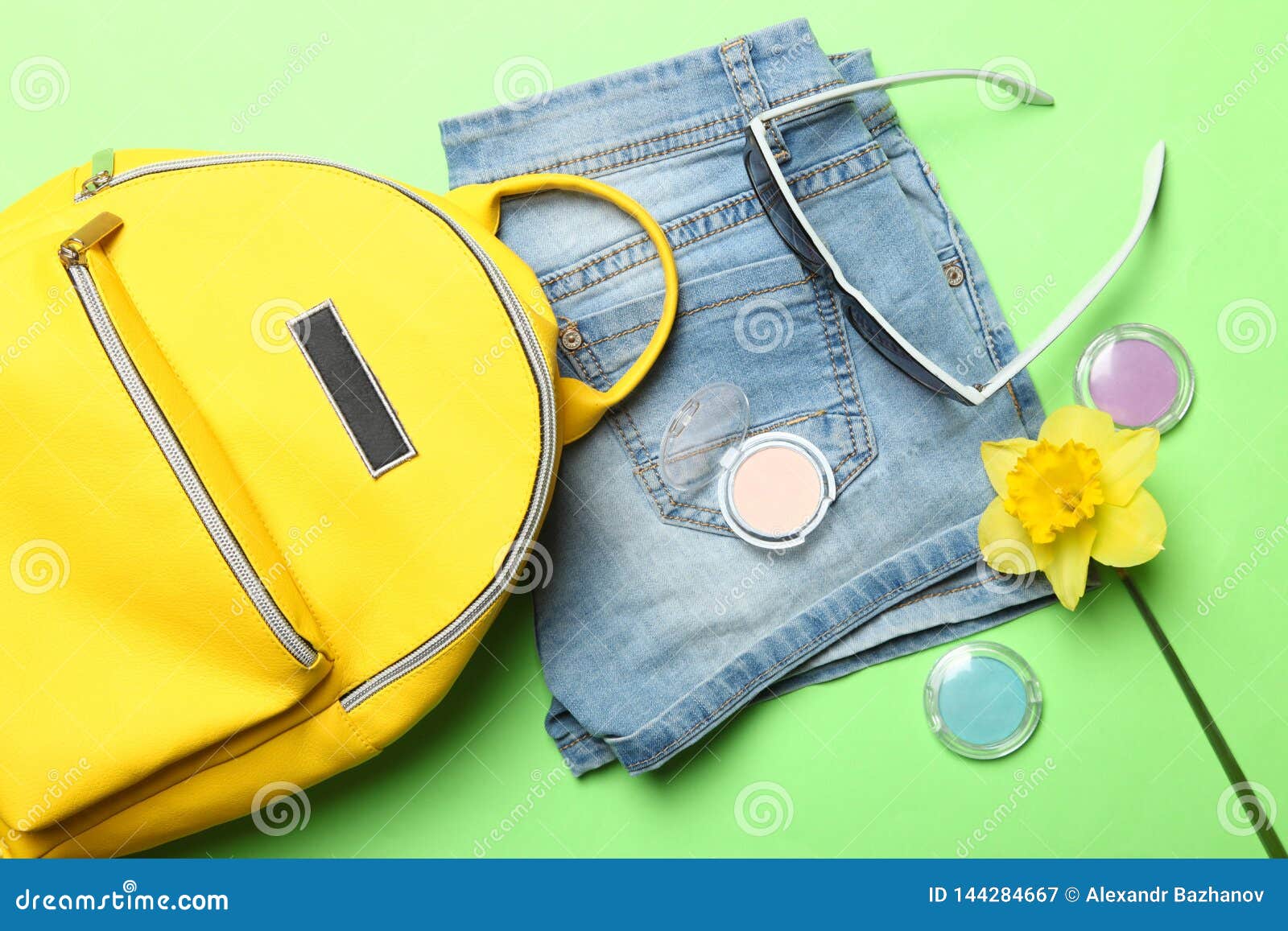 Stylish Yellow Backpack, Shorts, Sunglasses Stock Image - Image of ...
