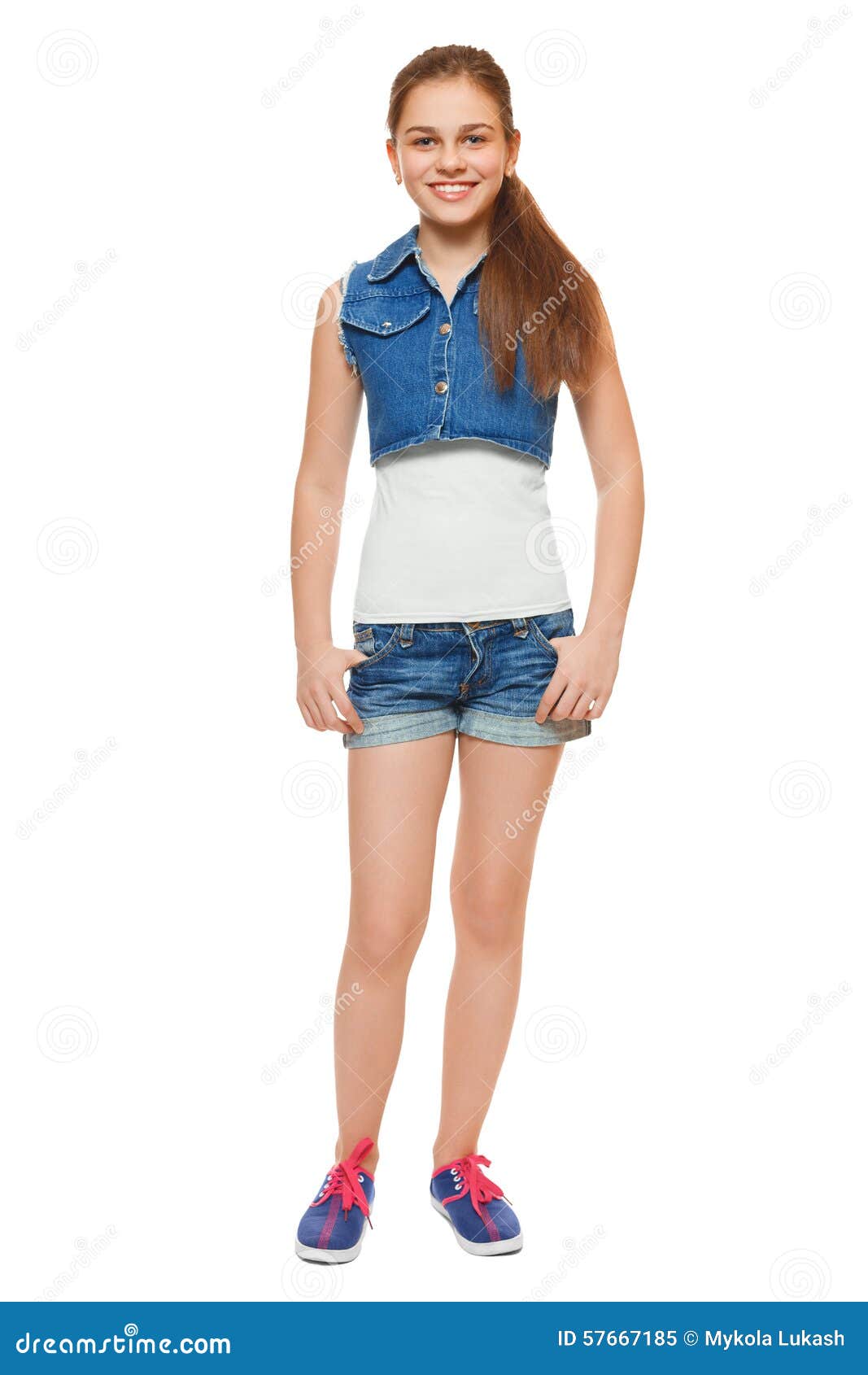 stylish young girl in a jeans vest and denim shorts. street style teenager, lifestyle,  on white background