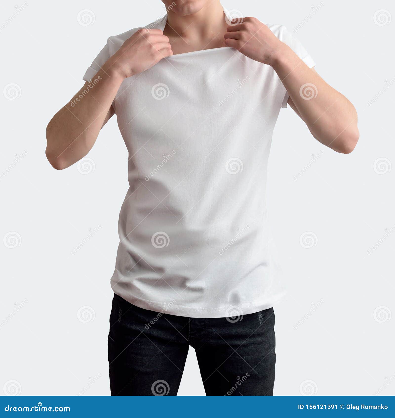 Stylish Young Guy in a White Blank T-shirt and Black Jeans on a White ...