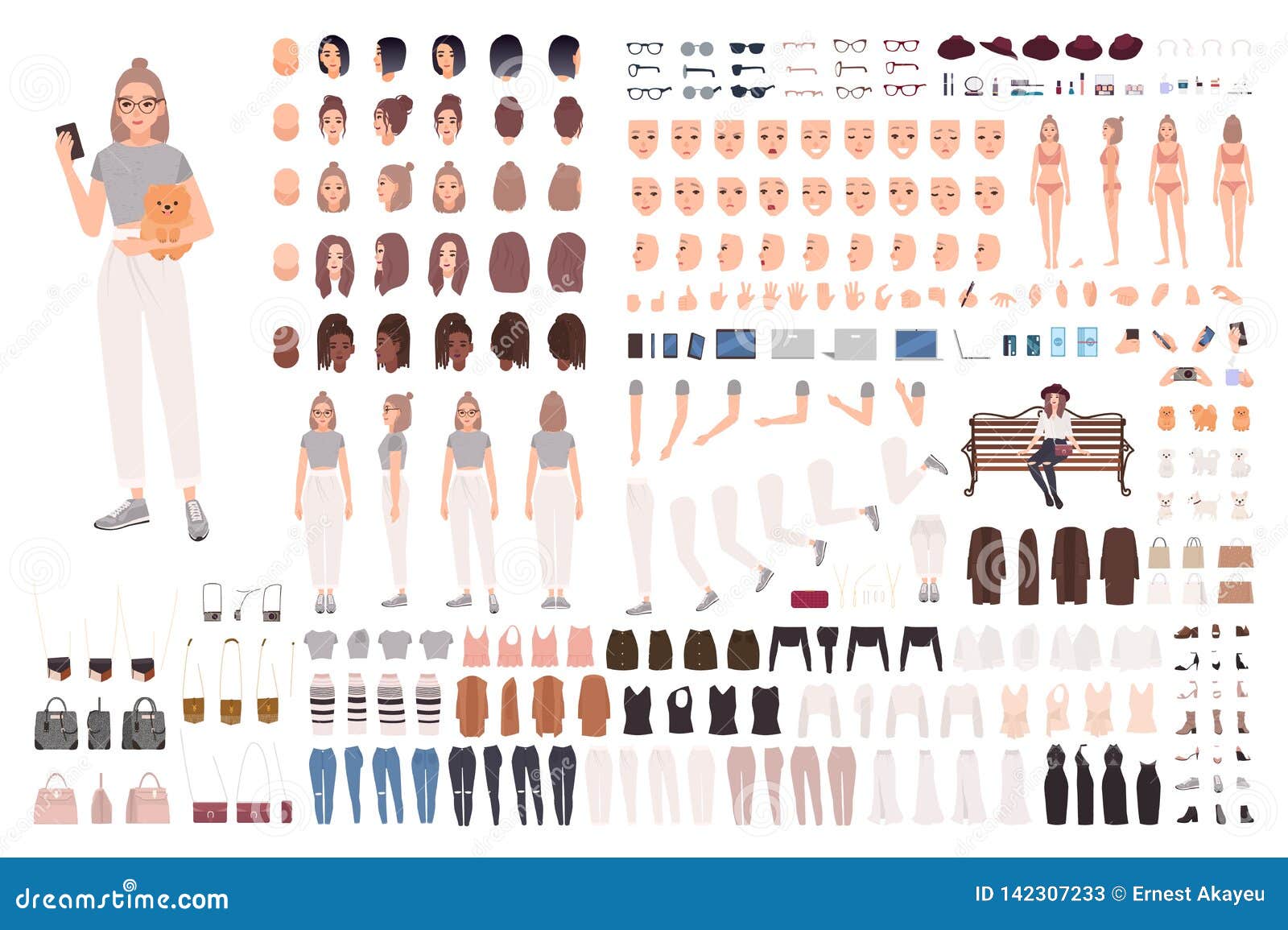 stylish young woman animation set or constructor kit. collection of body parts, gestures, trendy clothes and accessories
