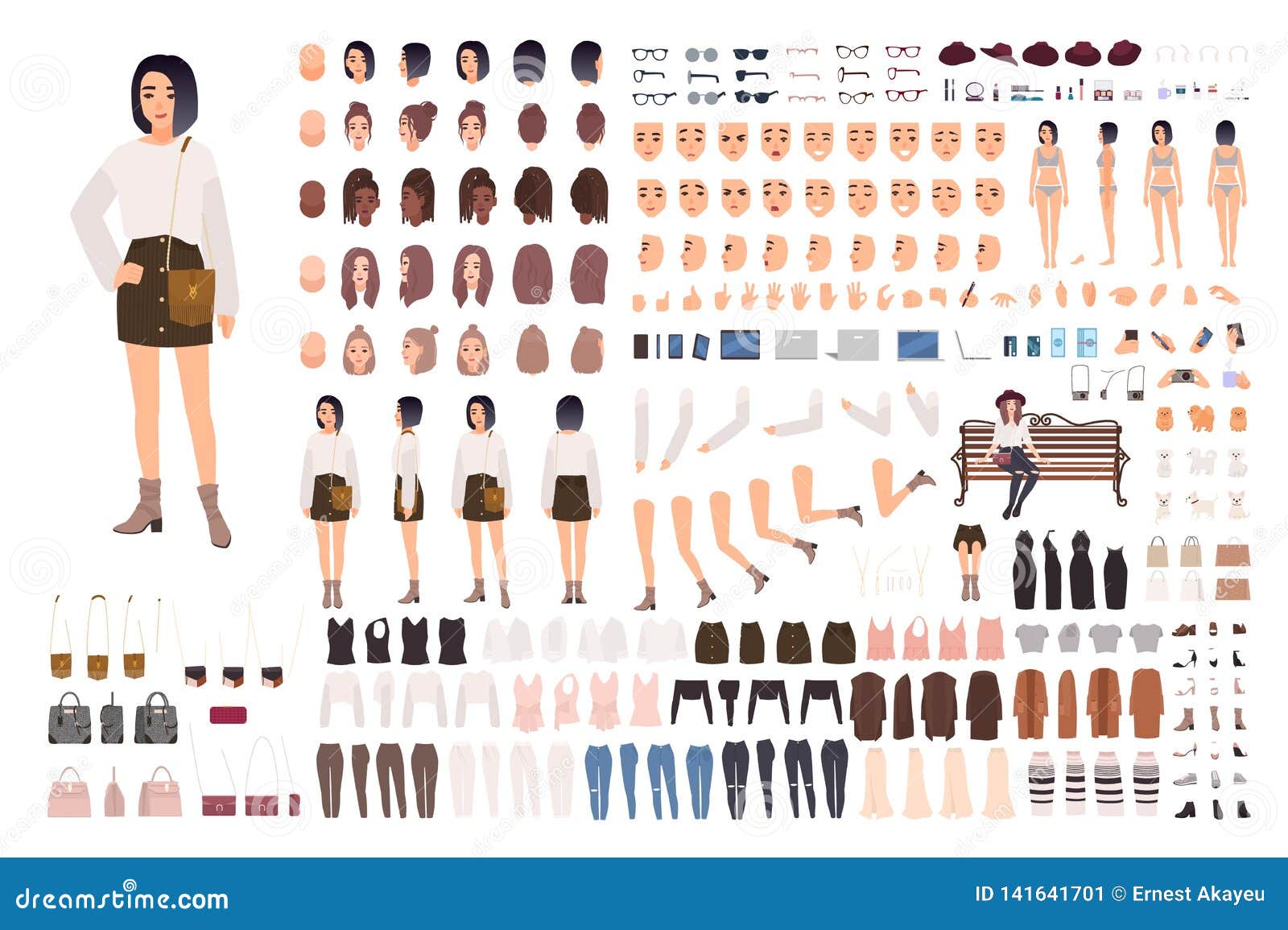 stylish young woman creation set or animation kit. bundle of body parts, trendy clothes, hairstyles, facial expressions