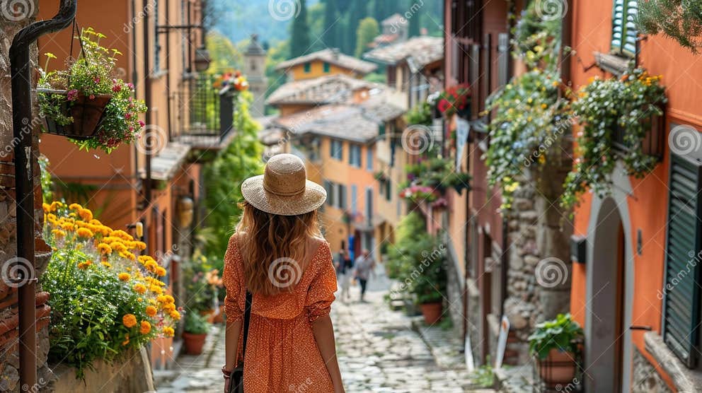 Stylishly Attired Woman Strolling through a Quaint Italian Village Stylishly Attired Woman Strolling through a Quaint Italian Village