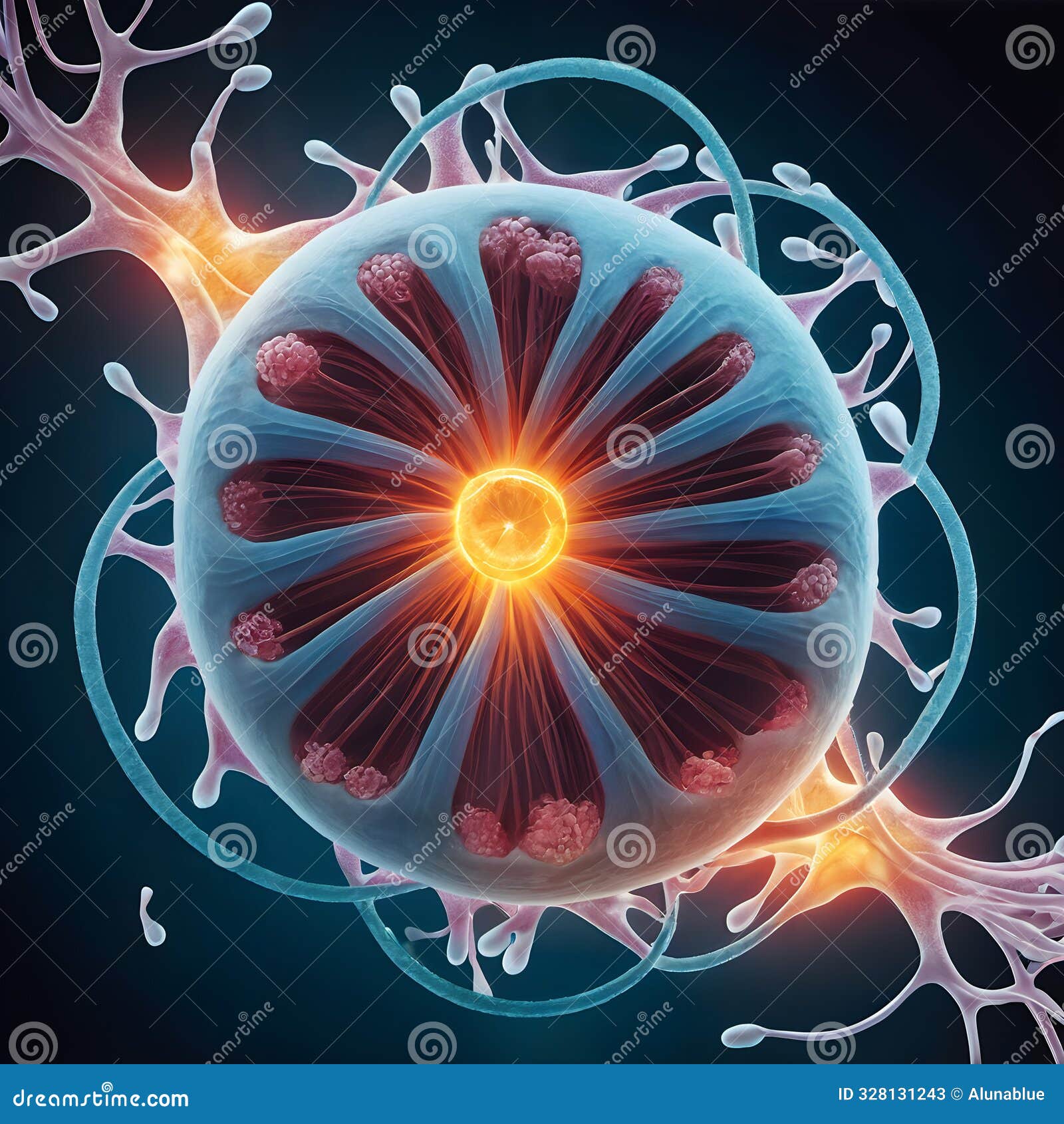 stylized biocell with nucleus and neural connections, artistic rendering